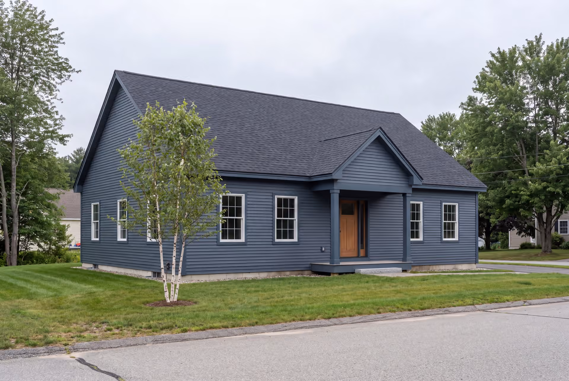 general contractor: illustrative scene, A newly built single-story house with blue siding, a dark roof, and a covered entry, surrounded by green grass and trees