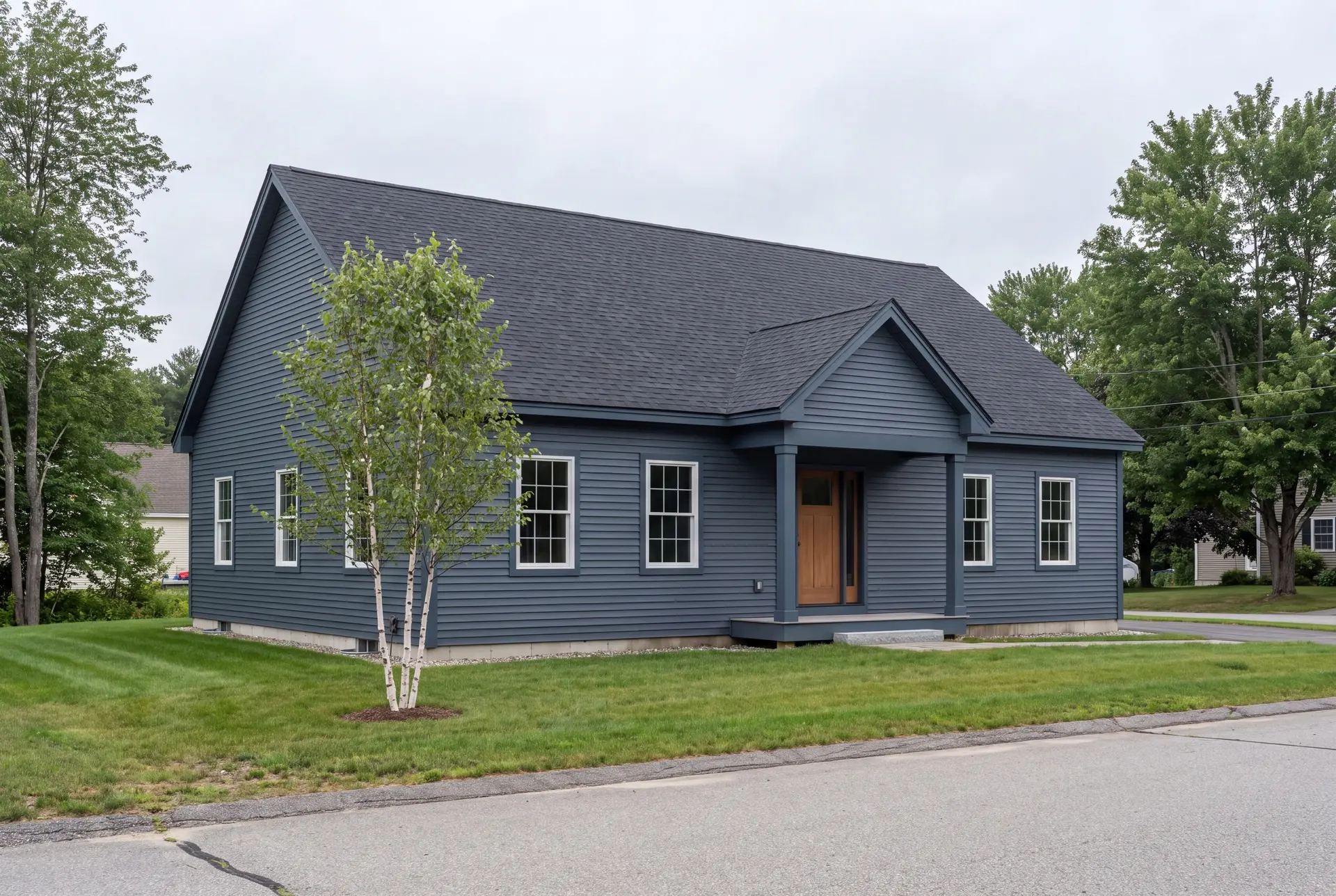 general contractor: illustrative scene, A newly built single-story house with blue siding, a dark roof, and a covered entry, surrounded by green grass and trees