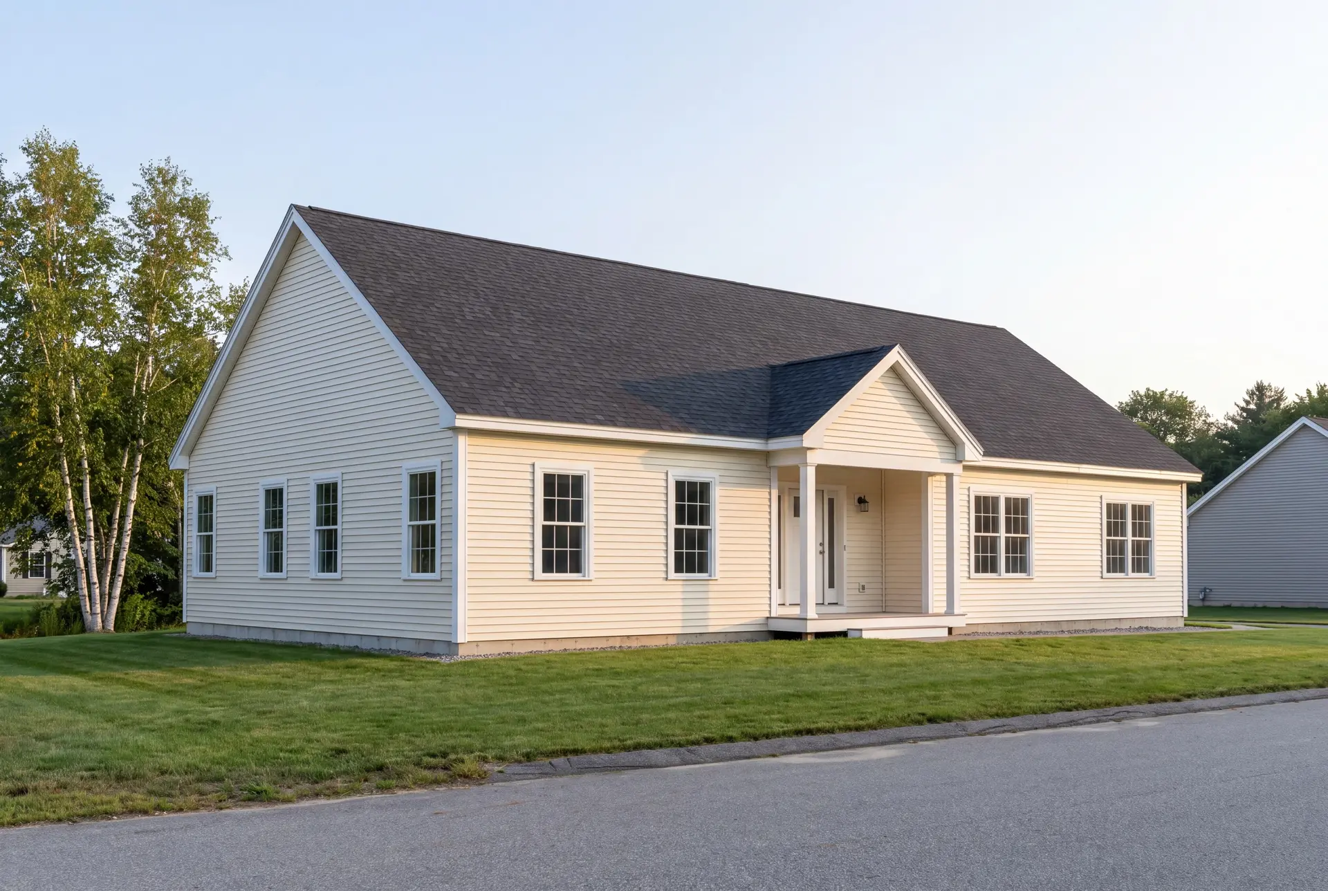 Illustration: A newly built one-story ranch house with light yellow siding, a dark gray roof, and white-trimmed windows, viewed from the front and side