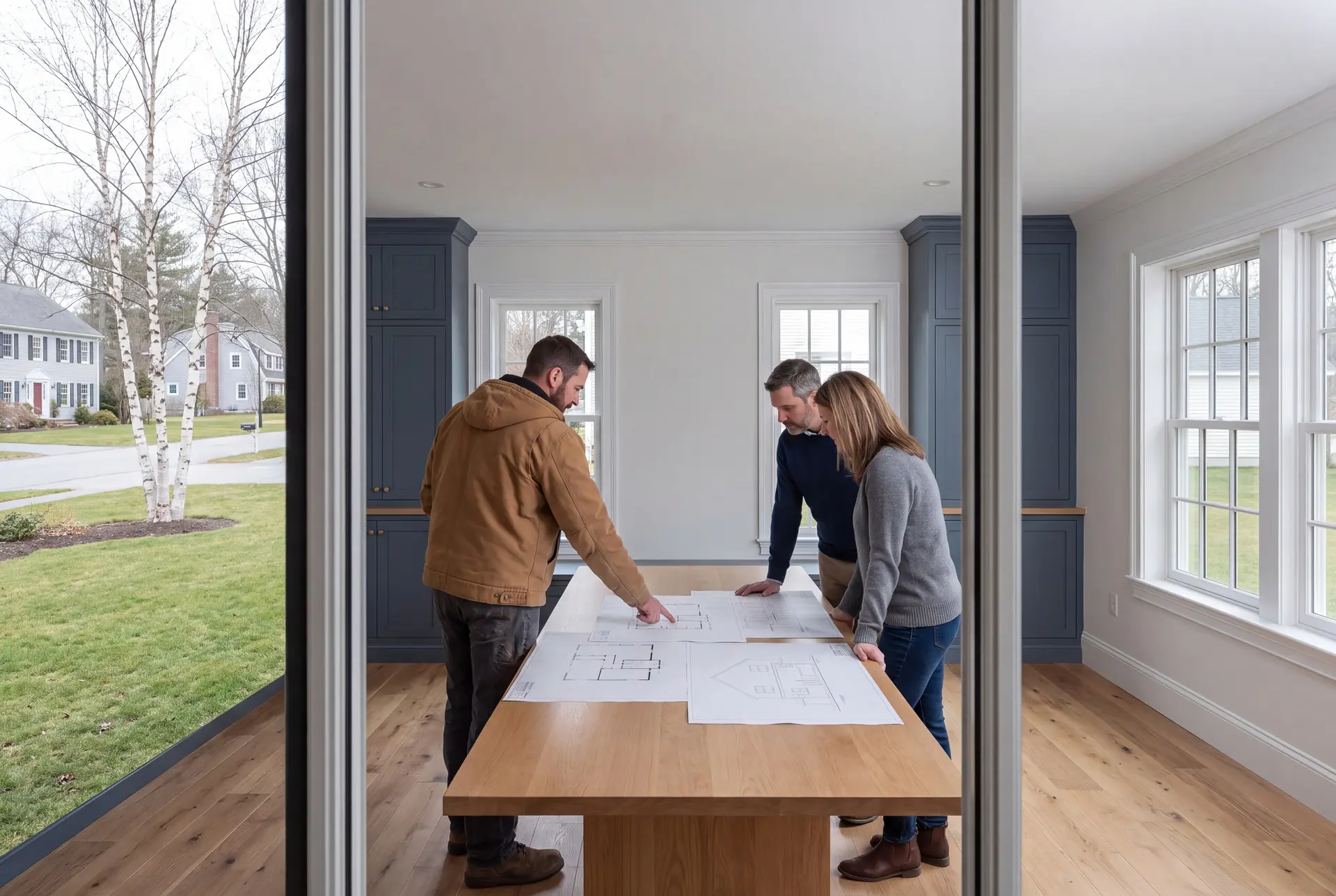 Illustration: Three people, a builder and two homeowners, reviewing architectural drawings on a large wooden table in a finished living room with blue cabinets and oak floors