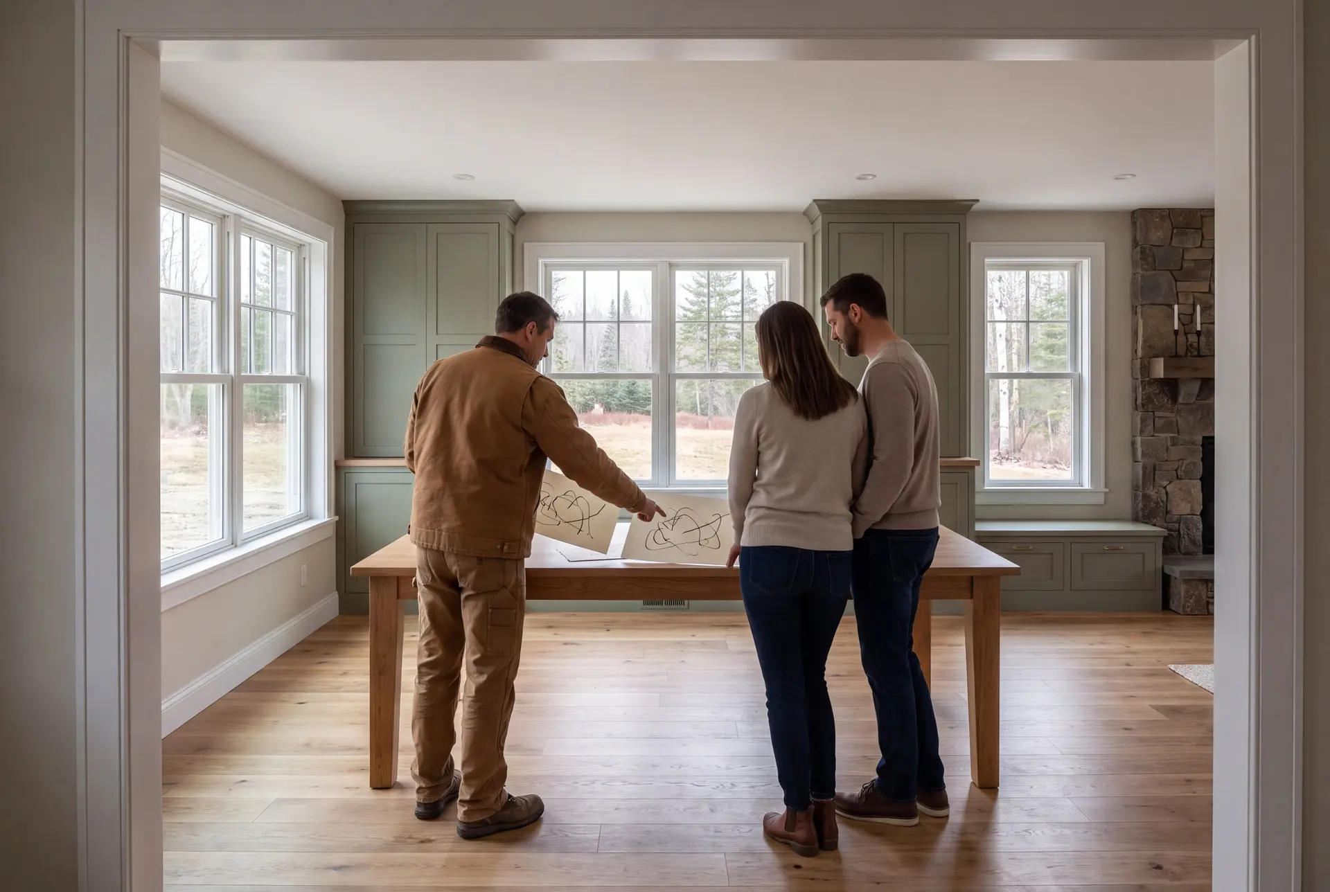Illustration: Three people, a builder and two homeowners, reviewing abstract drawings on a table in a finished living room with sage green cabinets and oak floors