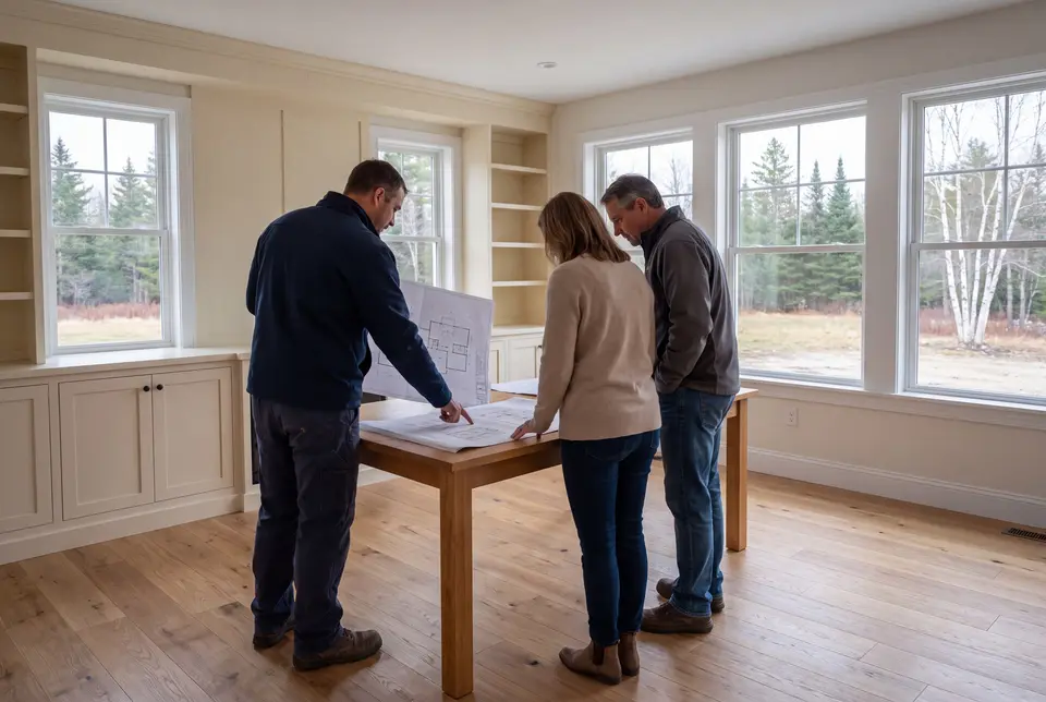 Illustration: Three people, a builder and two homeowners, review architectural drawings on a table in a newly finished living room with oak floors and ivory cabinetry