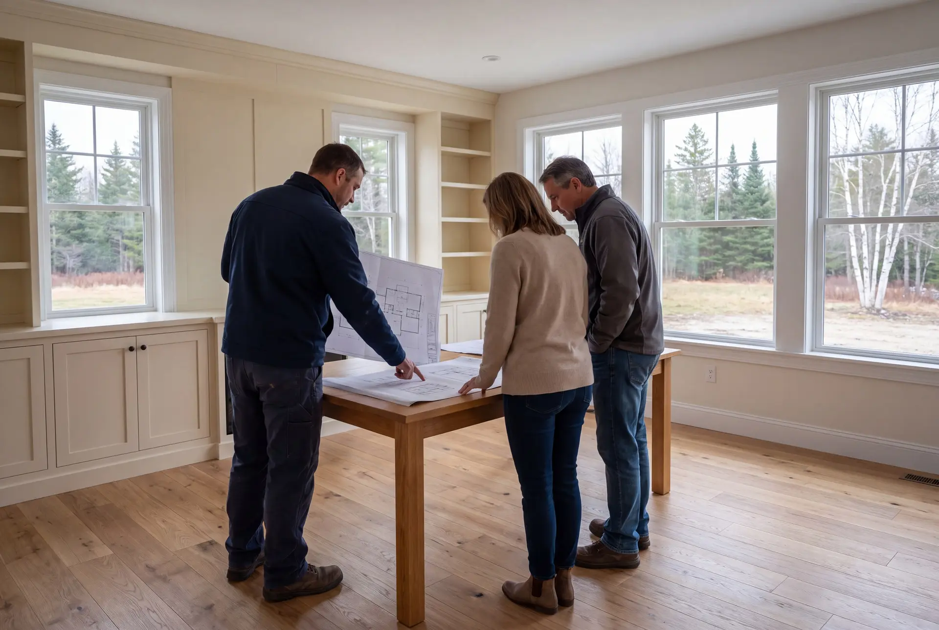 Illustration: Three people, a builder and two homeowners, review architectural drawings on a table in a newly finished living room with oak floors and ivory cabinetry