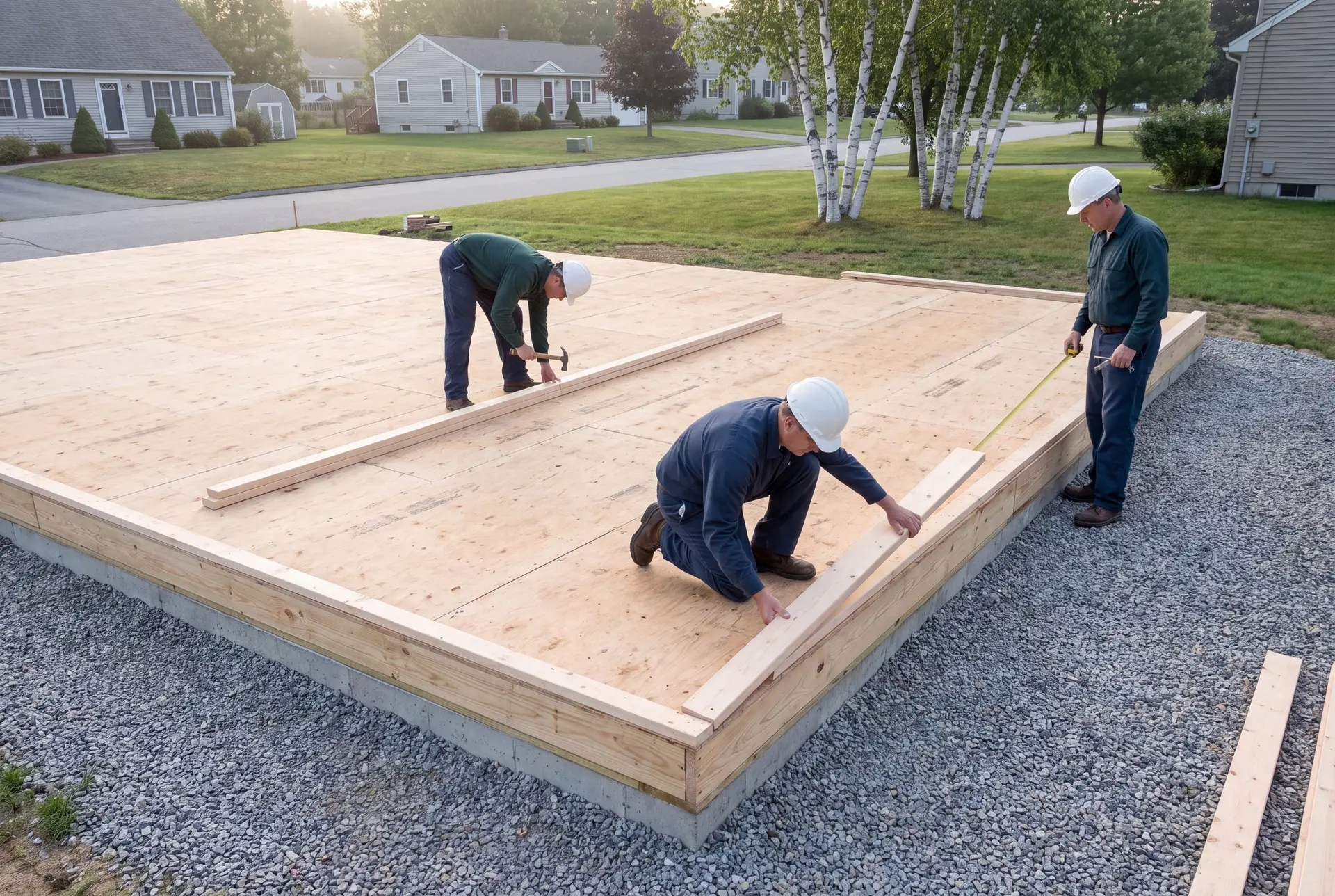 Illustration: Three construction workers on a wooden subfloor, one hammering, one aligning a stud, and one measuring