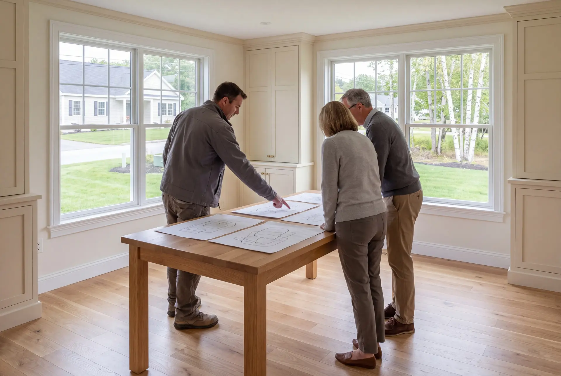 Illustration: Three people, a man and two homeowners, reviewing abstract line drawings on a wooden table in a finished living room