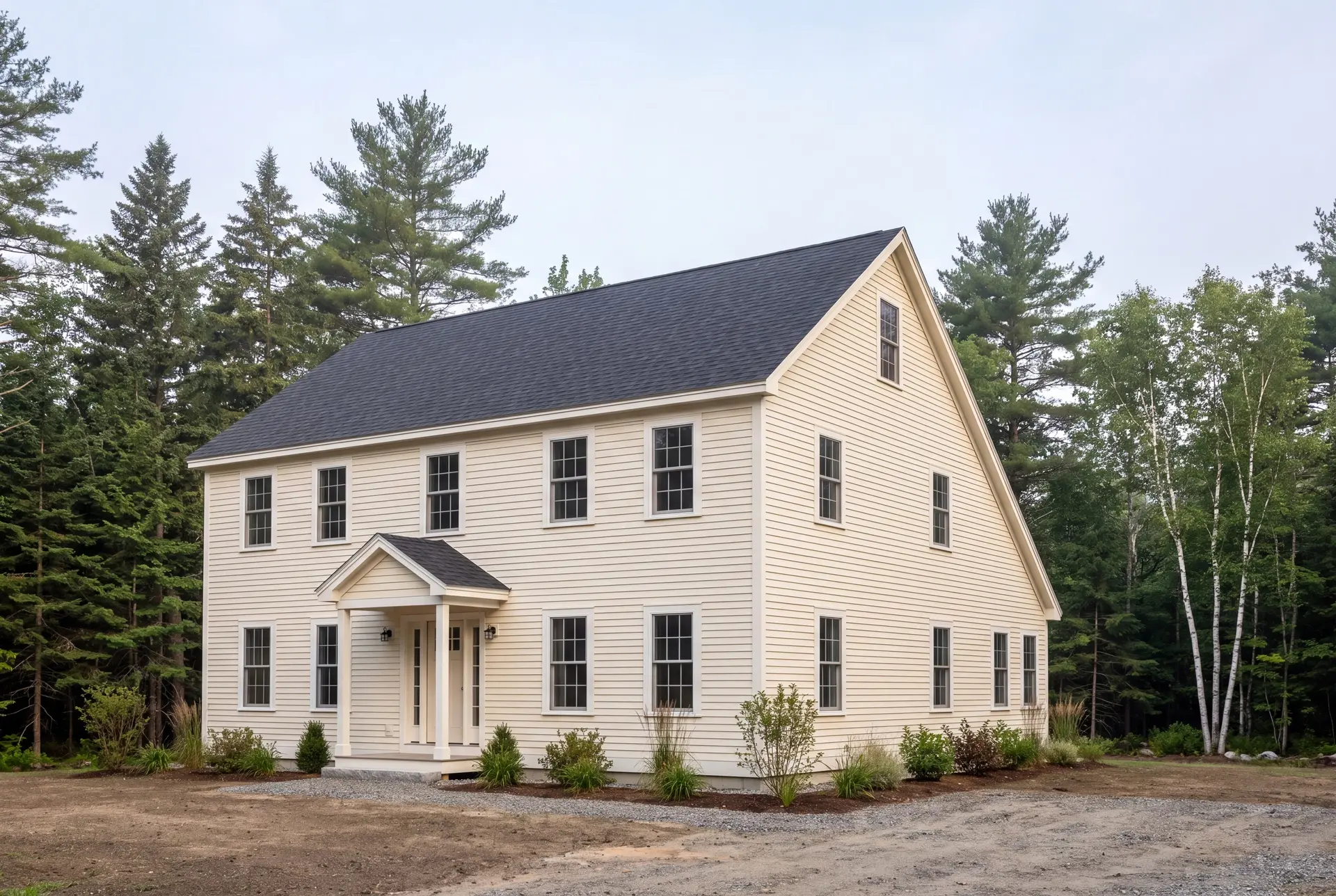 Illustration: A newly built traditional New England saltbox house with ivory siding and a dark roof, surrounded by trees and a dirt yard