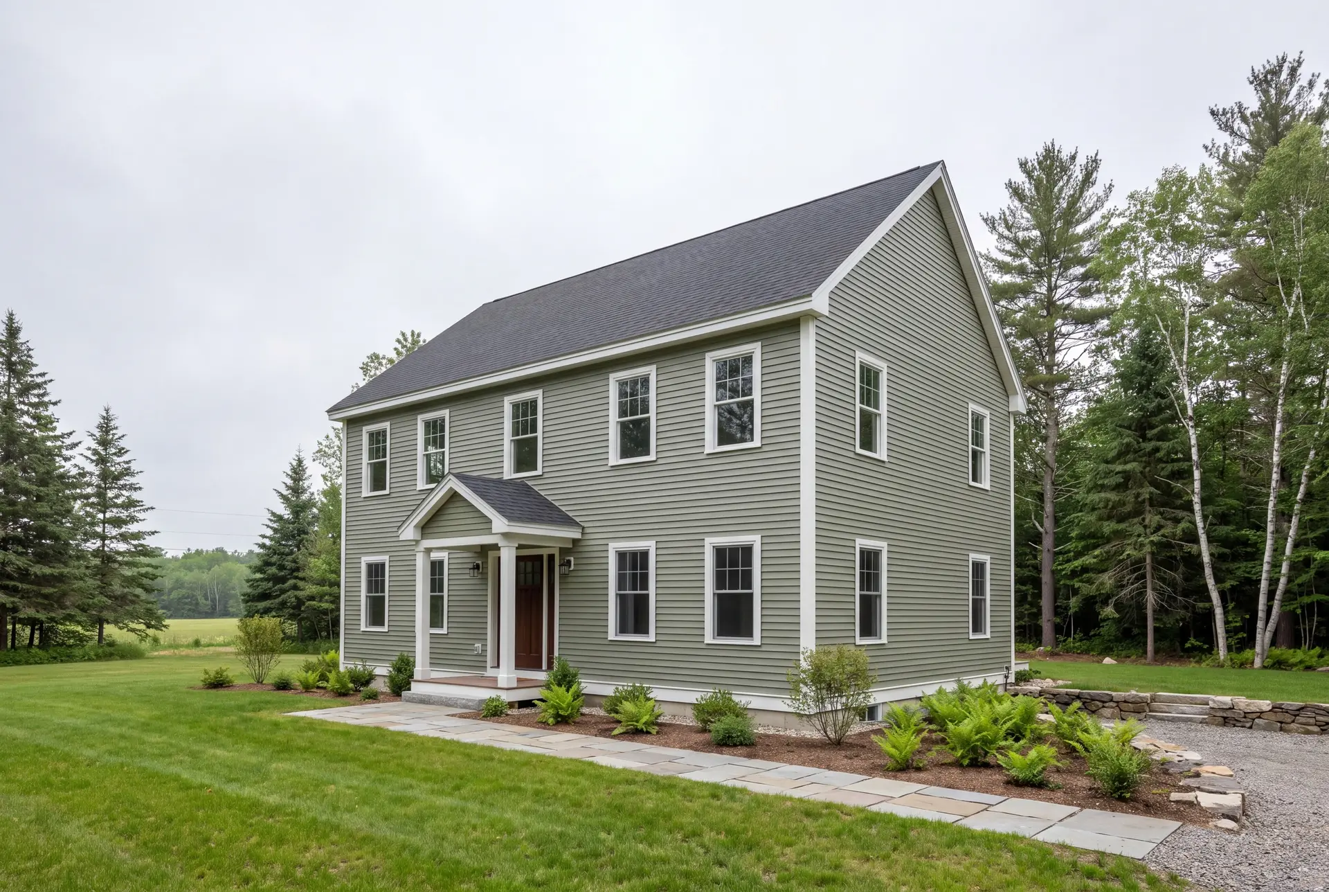 Illustration: A freshly completed two-story Colonial house with sage green siding and a charcoal roof, viewed from the front and side, surrounded by landscaping