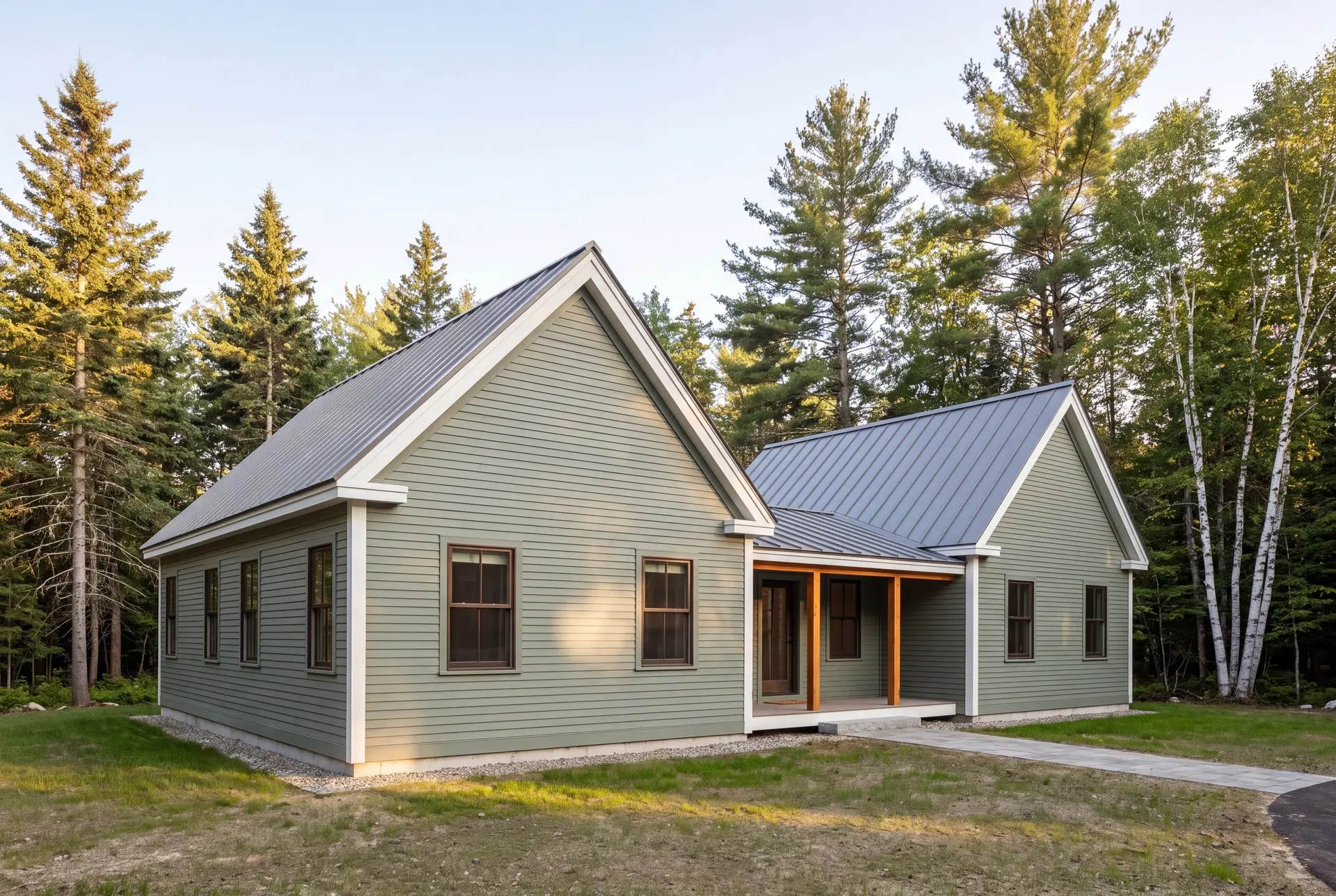 Illustration: An exterior three-quarter view of a sage green single-story house with a gabled roof addition, featuring a covered entry with wooden posts, surrounded by trees and grass