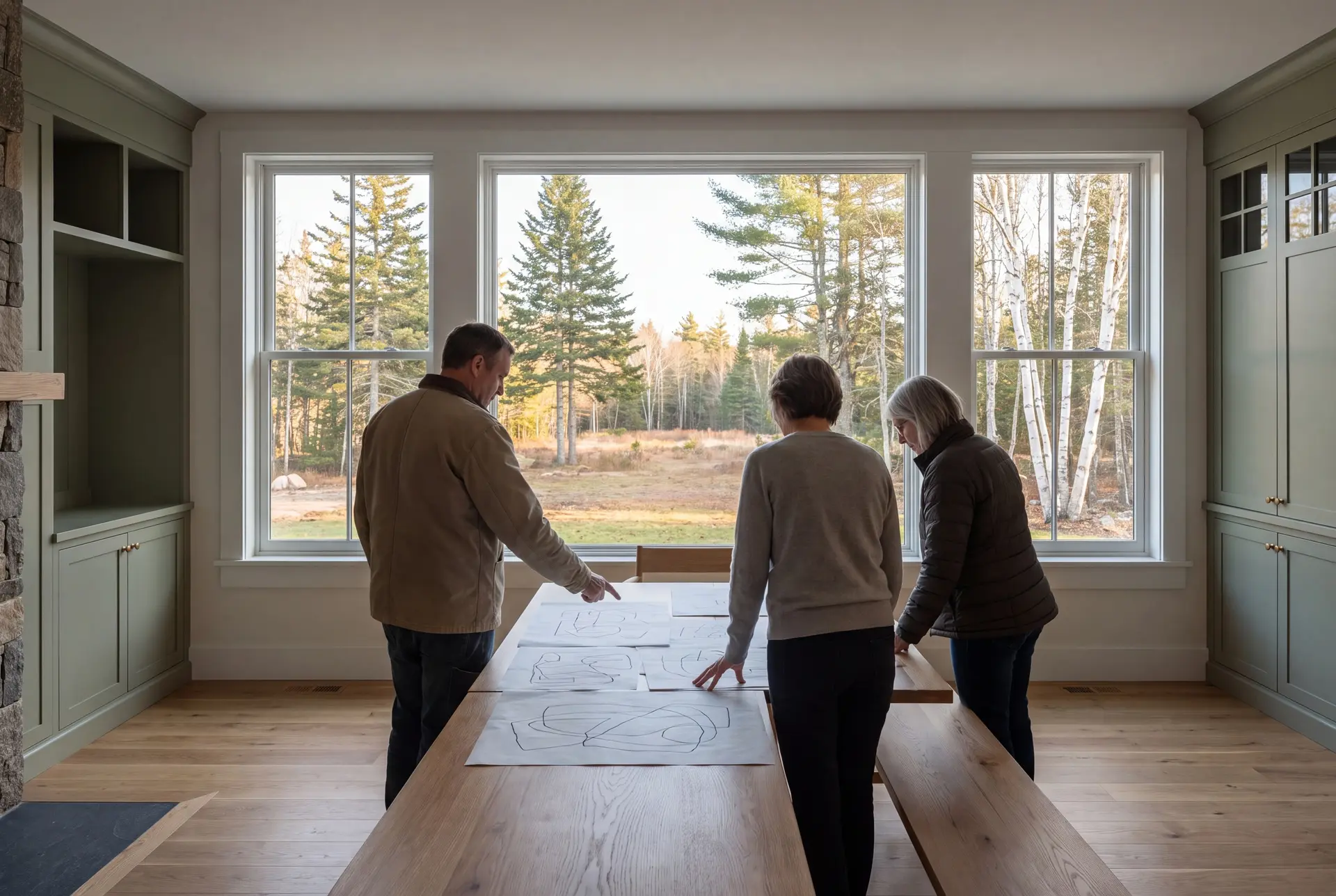 Illustration: Three people, a man and two women, stand around a wooden table with abstract drawings, looking out a large window at a forest