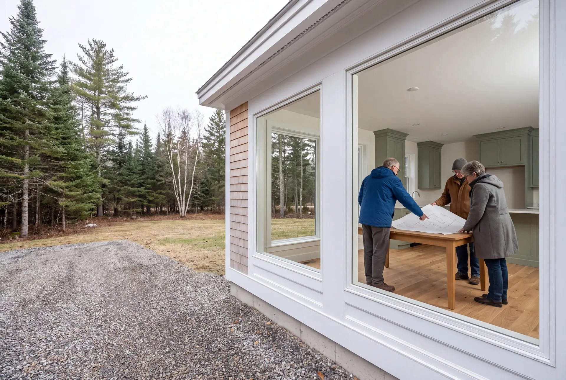 Illustration: Three adults reviewing floor plans on a table inside a finished room with sage green cabinets and oak floors, viewed from outside through large windows