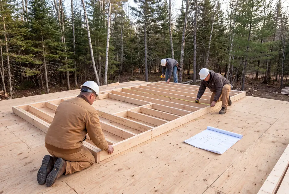 Illustration: Three carpenters in hard hats and work clothes assemble a wooden wall frame on a plywood subfloor in a forest setting