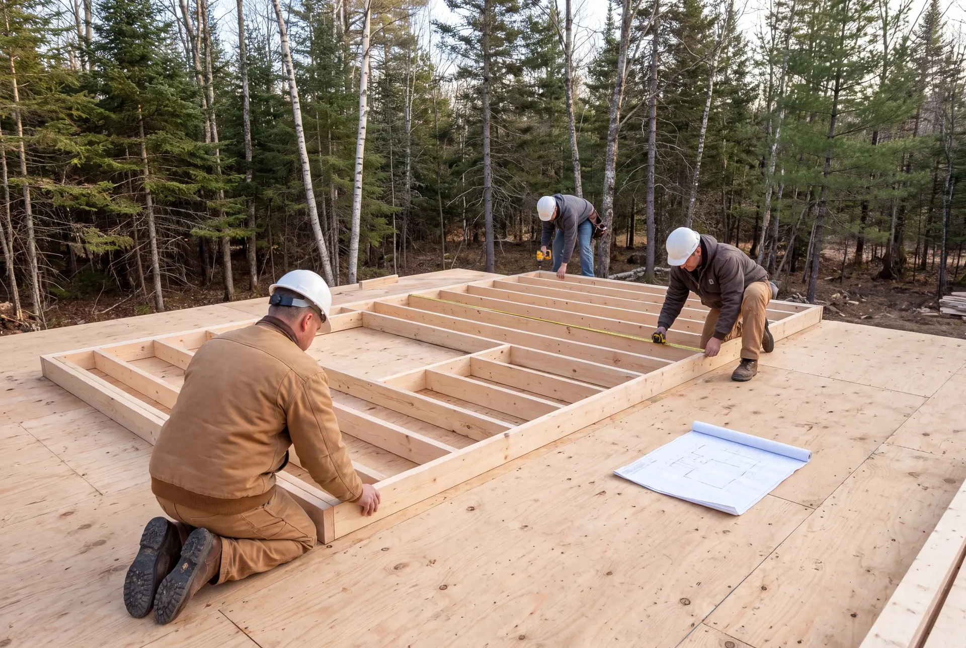 Illustration: Three carpenters in hard hats and work clothes assemble a wooden wall frame on a plywood subfloor in a forest setting