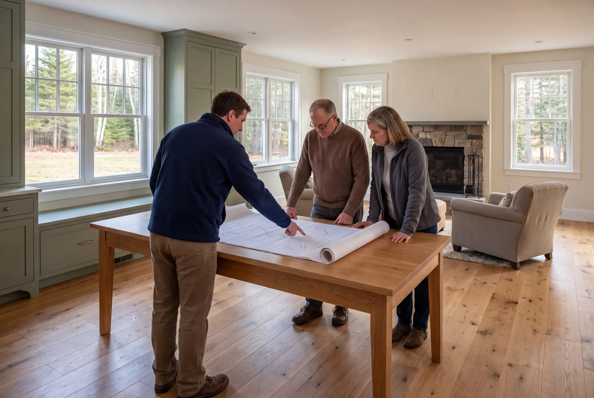 Illustration: Three people, a builder and two homeowners, reviewing blueprints on an oak table in a finished living room with sage green cabinets and oak floors