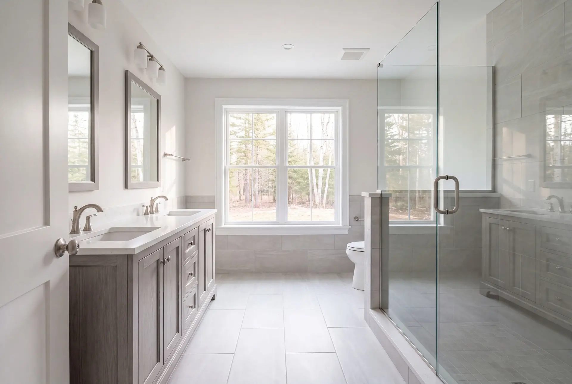 Illustration: A bright, modern bathroom with a double vanity, large window, and glass shower enclosure