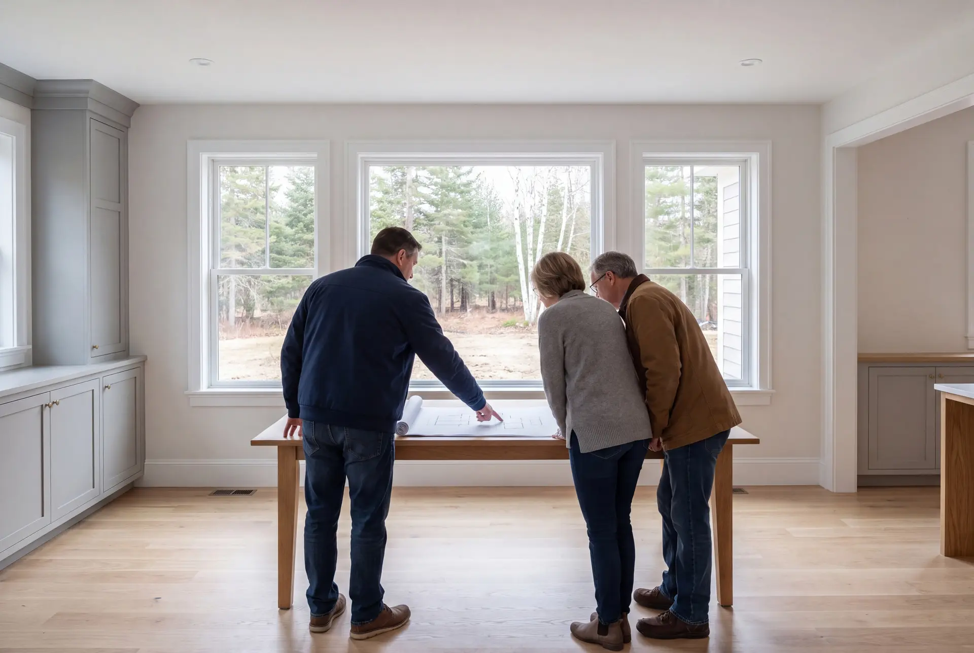 Illustration: Three people, a man in a blue jacket and a couple, are gathered around a table in a bright, finished room, looking at blueprints. The room has light wood floors, white walls, gray cabinetry, and large windows overlooking a forest
