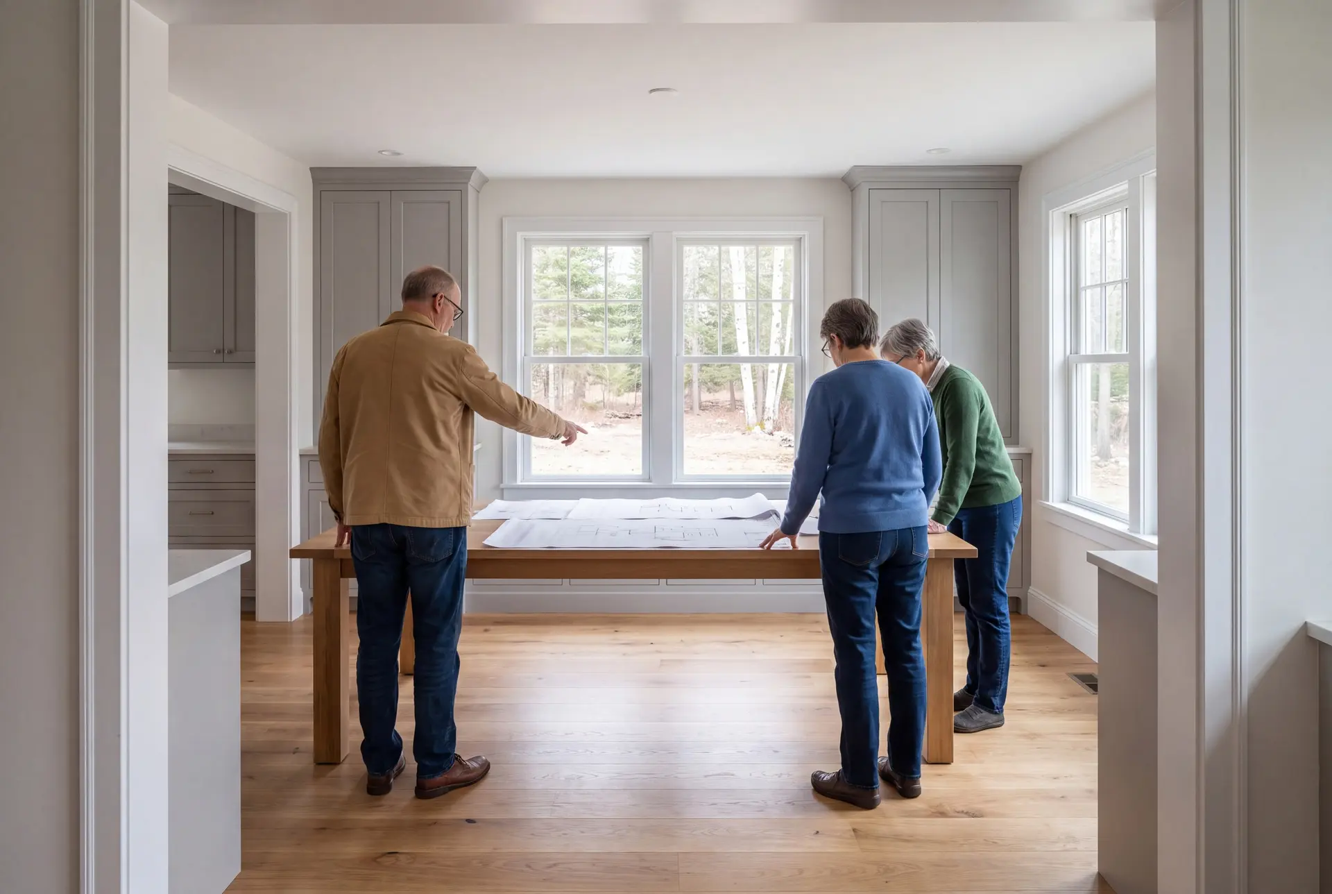 Illustration: Three adults, a man and two women, stand around a table in a finished living room, looking at architectural drawings