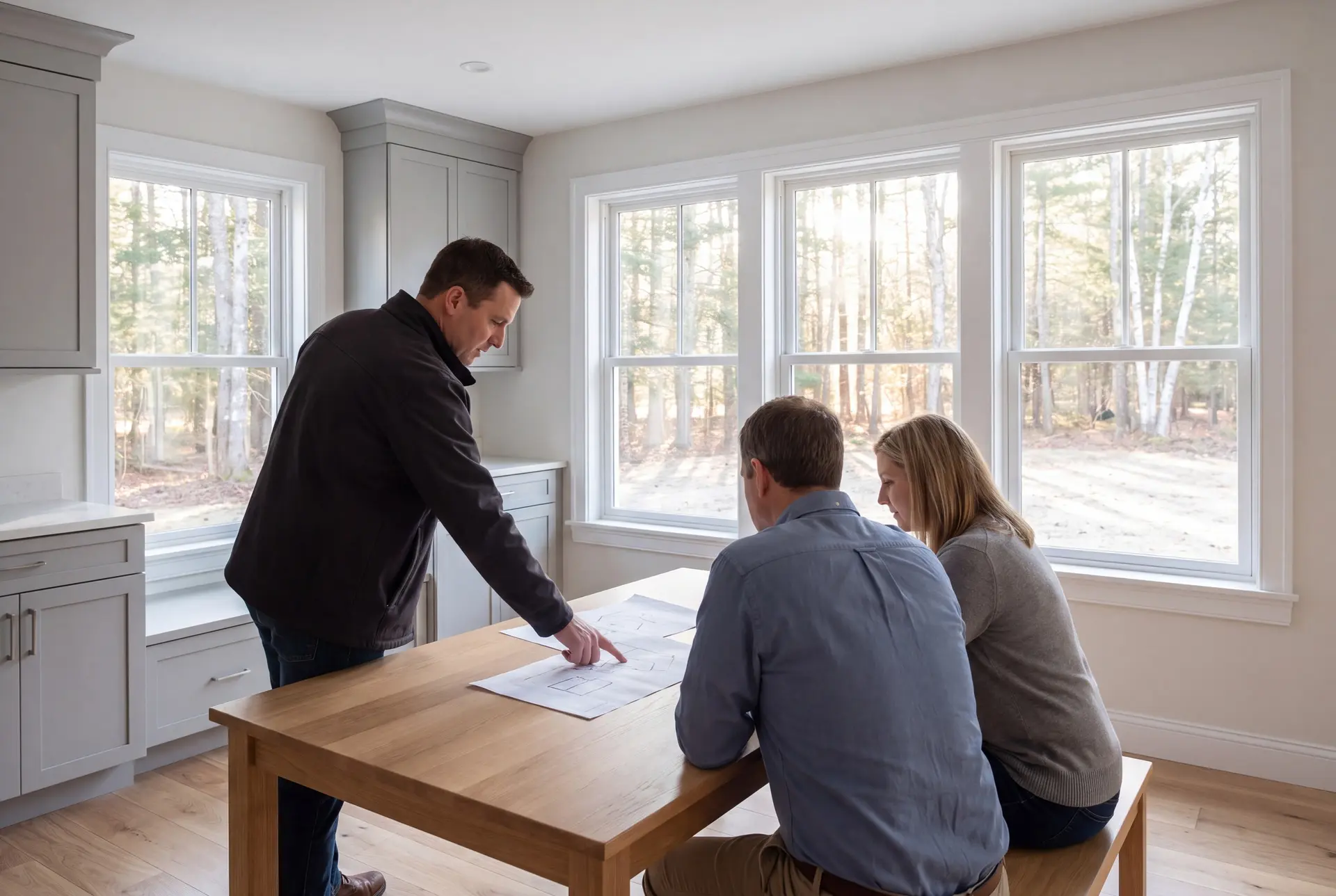 Illustration: Three people, a builder and two homeowners, review floor plans on an oak table in a finished living room with gray cabinets and oak floors