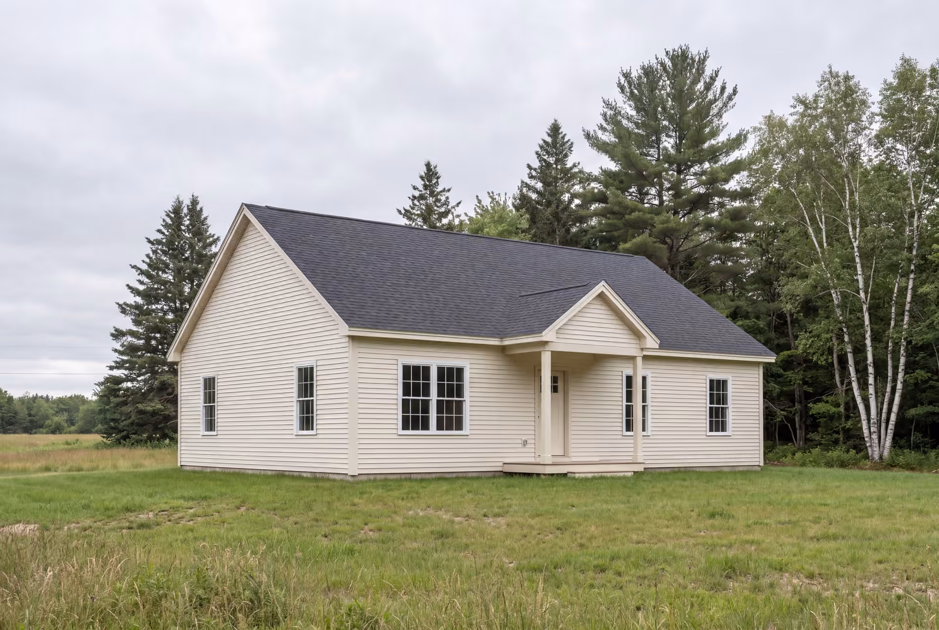 general contractor in Cumberland, ME: illustrative scene, A newly built, light cream ranch house with a dark gray roof, surrounded by green grass and trees under a cloudy sky