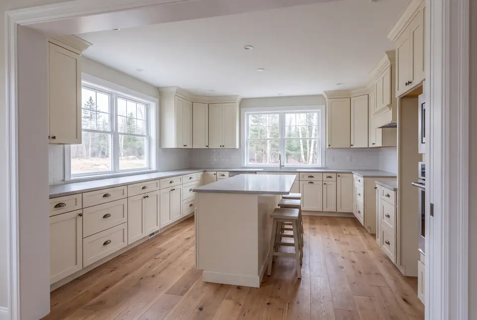 Illustration: A bright, empty kitchen with cream cabinets, a gray island, and wood floors, viewed from a doorway