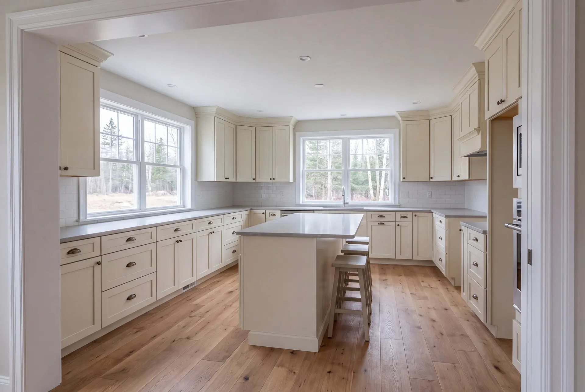 Illustration: A bright, empty kitchen with cream cabinets, a gray island, and wood floors, viewed from a doorway