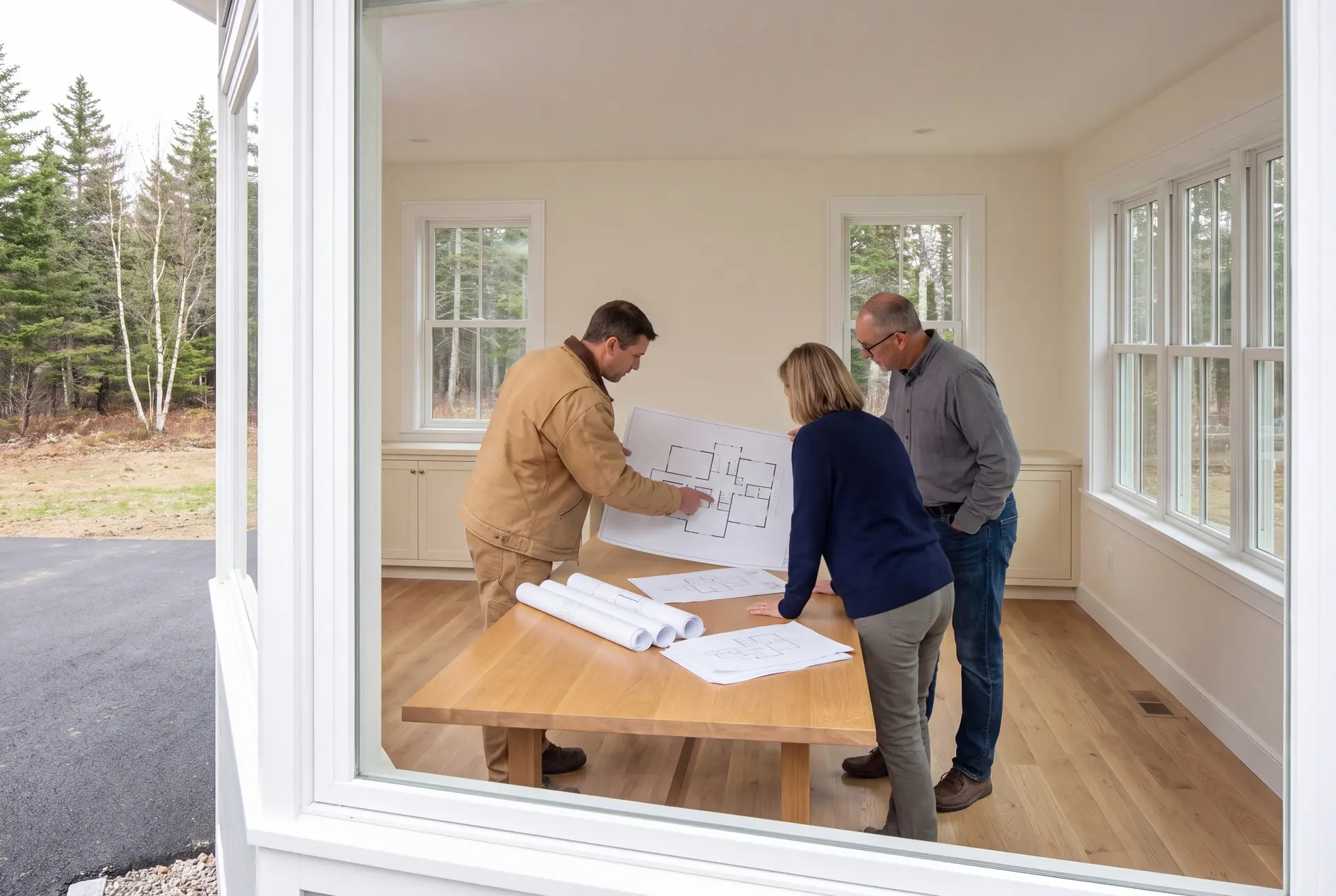 Illustration: Three people, a builder and two homeowners, reviewing architectural drawings on a table in a newly finished living room with oak floors and large windows
