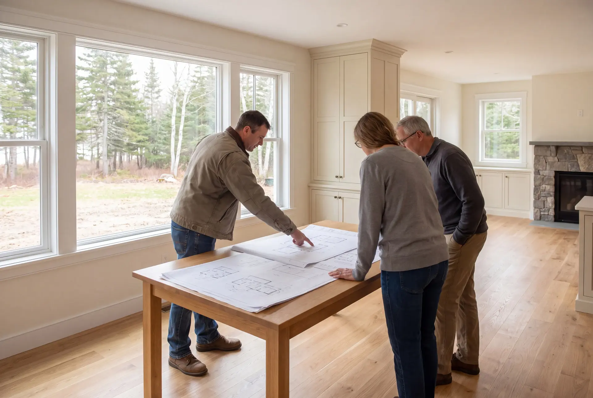 Illustration: Three adults, a builder and two homeowners, review architectural drawings on an oak table in a finished living room with large windows and oak floors