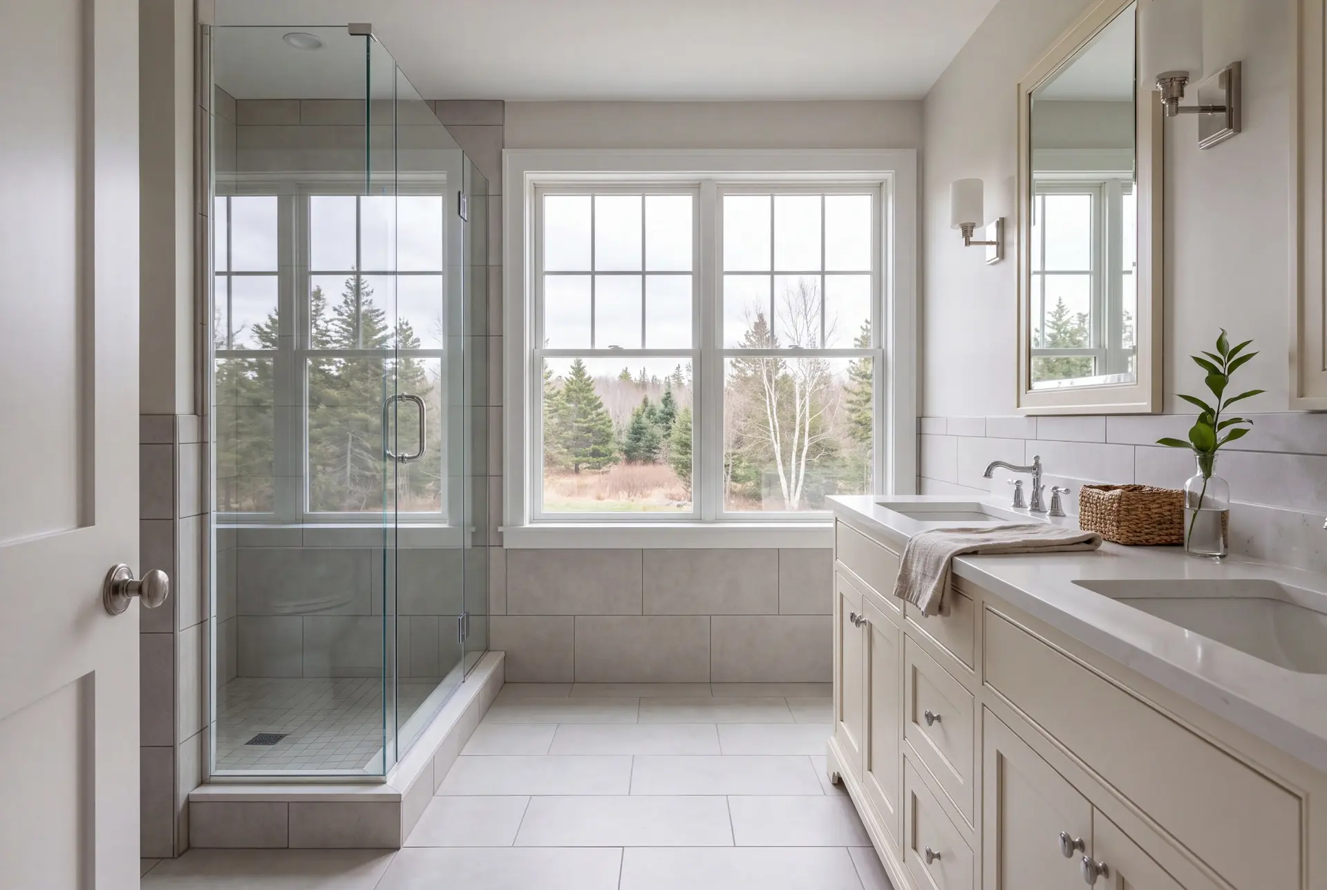 Illustration: A bright, clean bathroom with a large window, glass shower, and double vanity