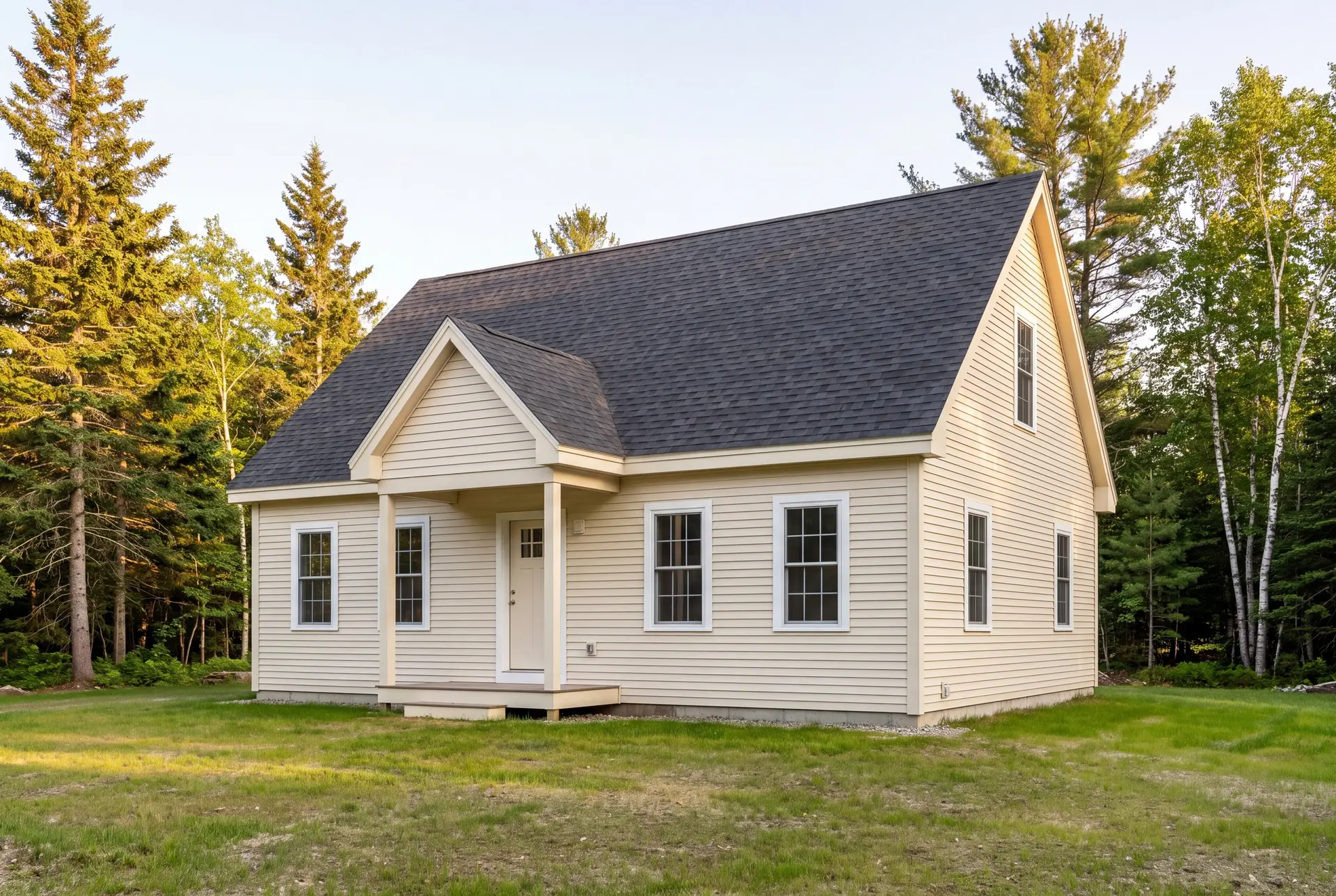 Illustration: A newly built cream-colored cottage with a dark gray roof, white-trimmed windows, and a small covered porch, set in a grassy area with trees in the background