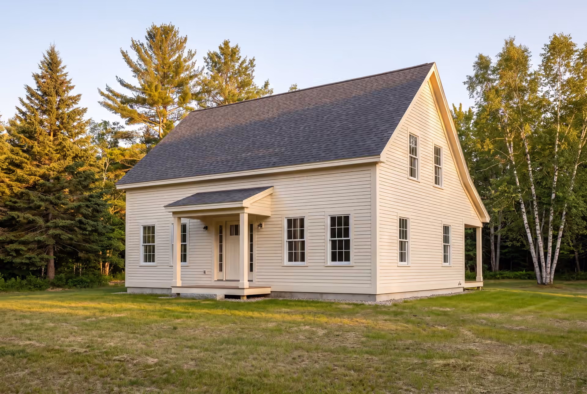 general contractor in Dayton, ME: illustrative scene, A cream-colored saltbox house with a dark roof and white-trimmed windows, set on a green lawn with trees in the background
