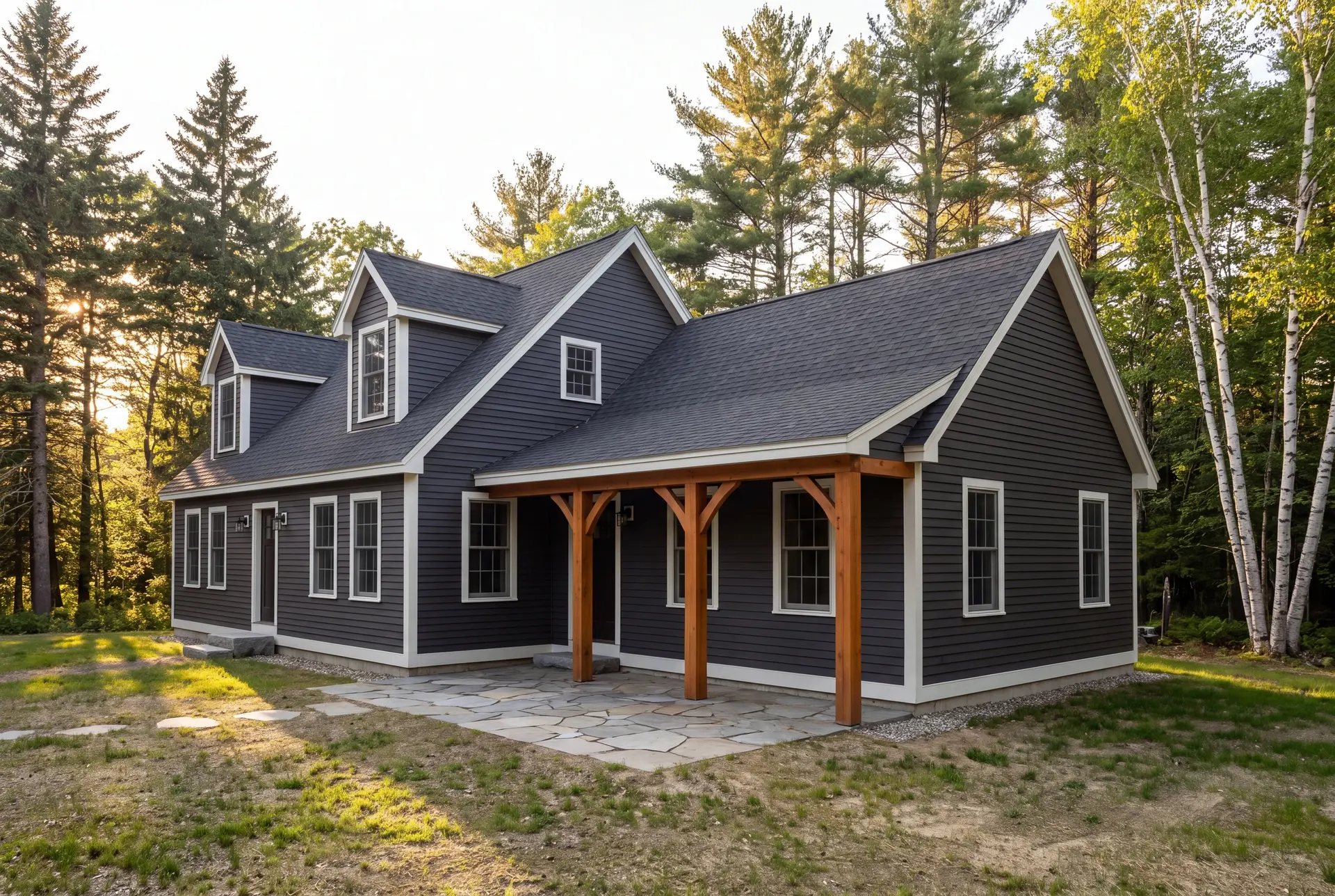 Illustration: An exterior three-quarter view of a dark charcoal Cape-style house with a new single-story addition, featuring a covered entry with wooden posts and a flagstone patio