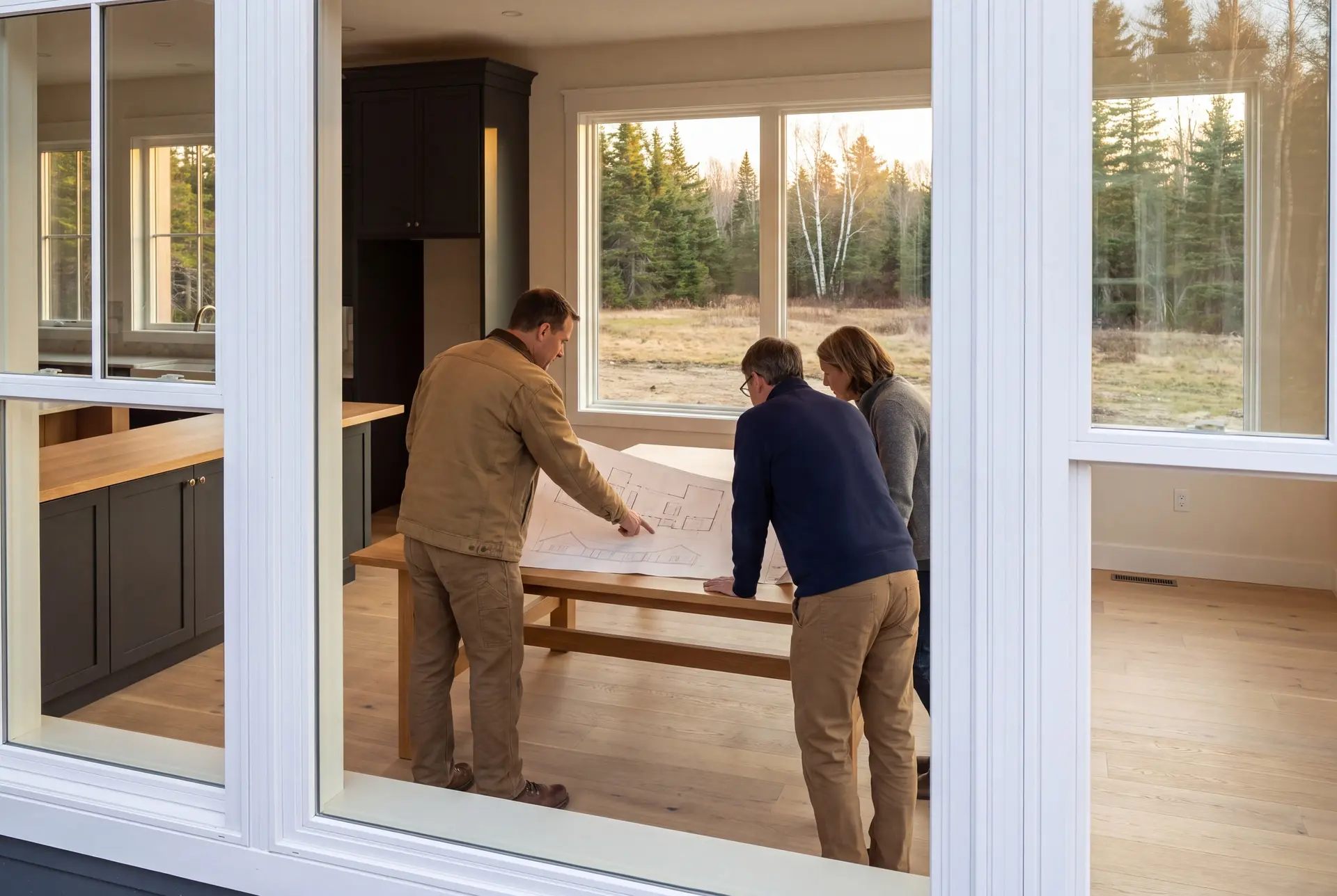 Illustration: Three people, a builder and two homeowners, reviewing architectural drawings on a table in a finished living room with large windows overlooking a natural landscape