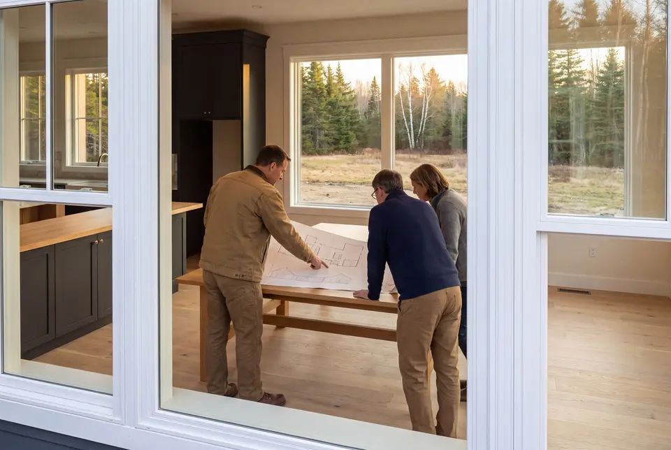 Illustration: Three people, a builder and two homeowners, reviewing architectural drawings on a table in a finished living room with large windows overlooking a natural landscape