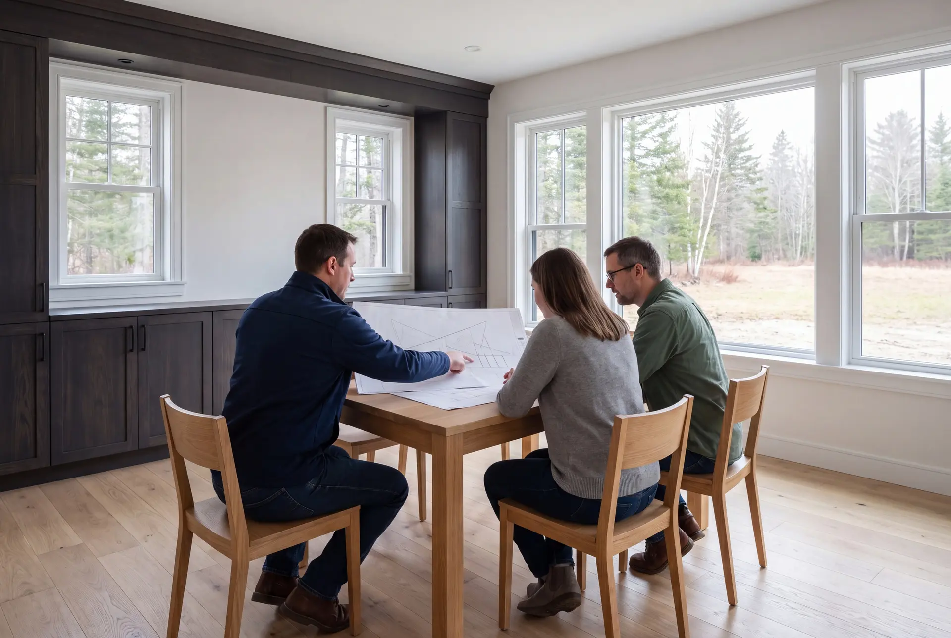 Illustration: Three people, a builder and two homeowners, review abstract floor plans on an oak table in a finished living room with dark cabinetry, white windows, and oak floors