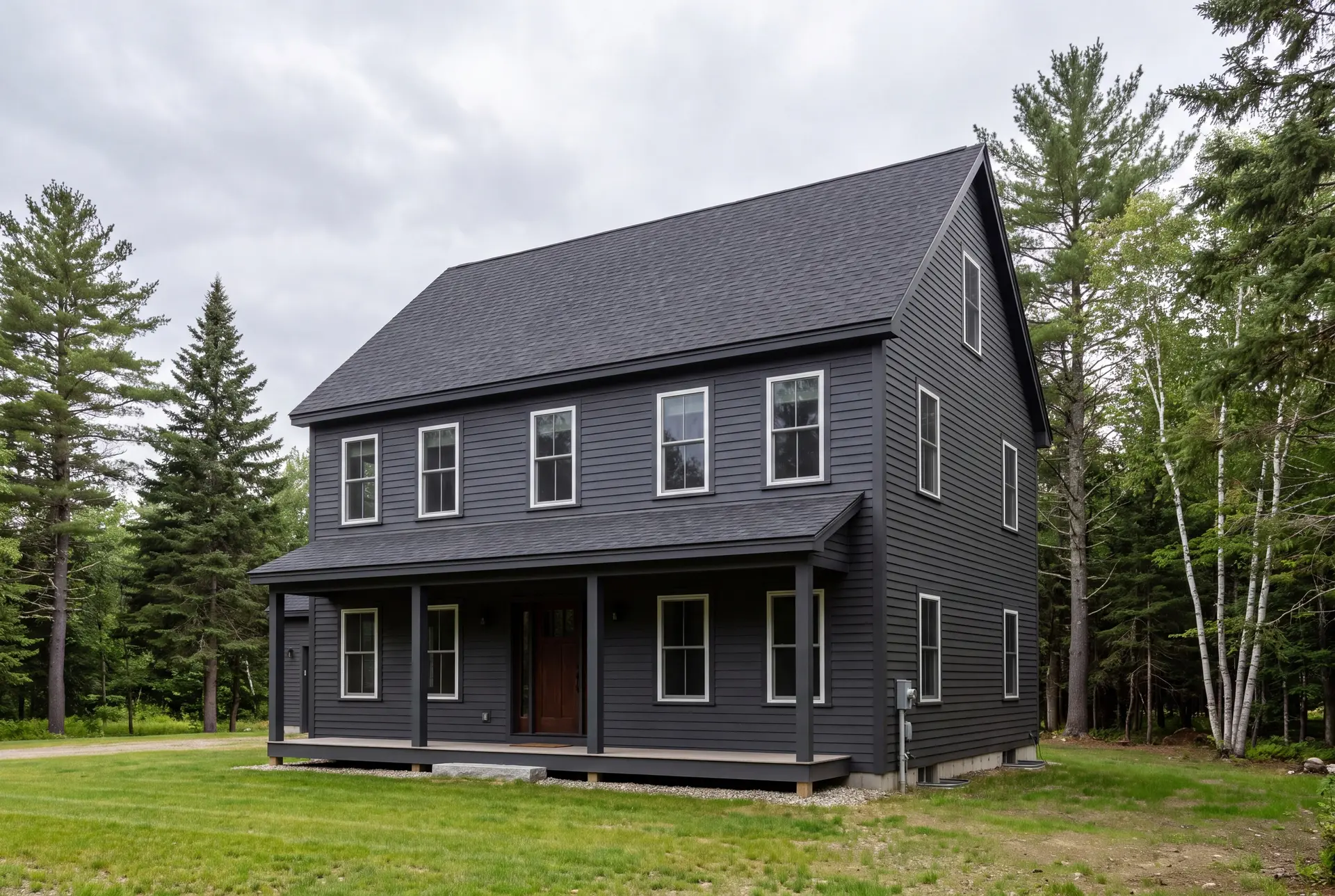 Illustration: A newly built two-story dark gray house with a covered porch and white-trimmed windows, set against a backdrop of green trees and a cloudy sky