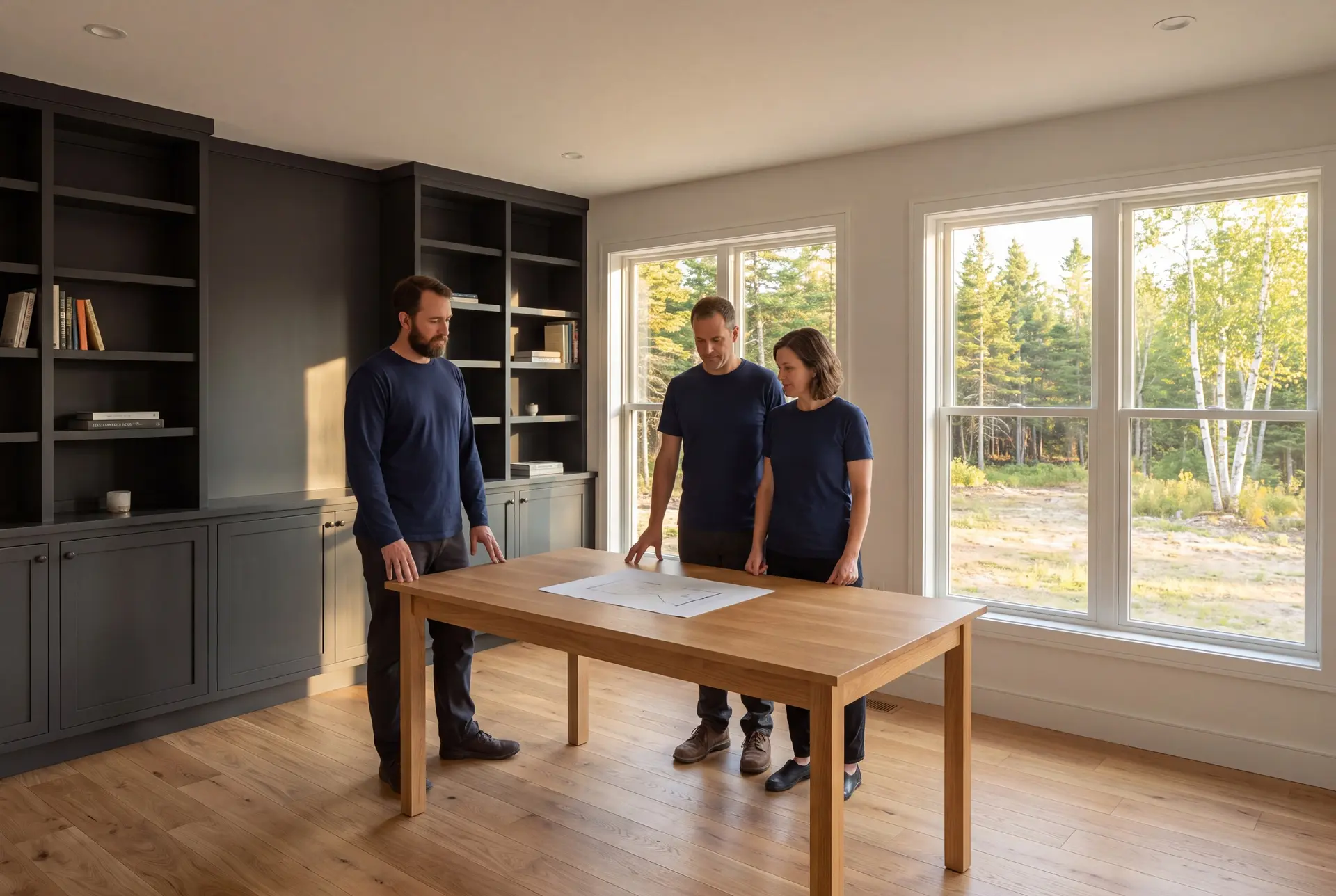 Illustration: Three people in navy shirts and dark trousers stand around a light oak table with a blueprint on it, in a room with dark built-in shelves, oak floors, and large windows overlooking a forest