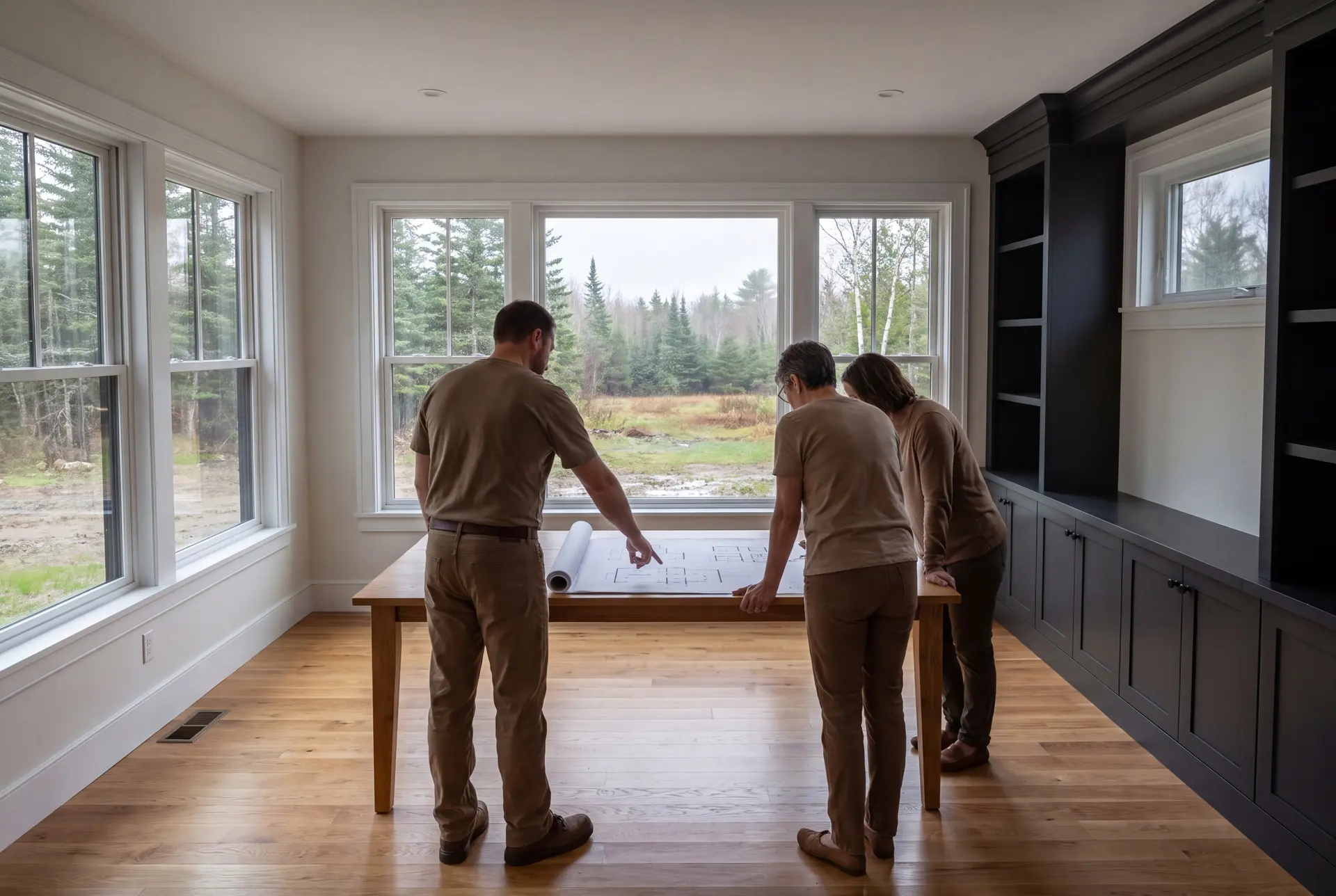 Illustration: Three people, a man and two women, stand around a table in a living room, looking at architectural drawings. The room has oak floors, white windows, and dark built-in cabinets