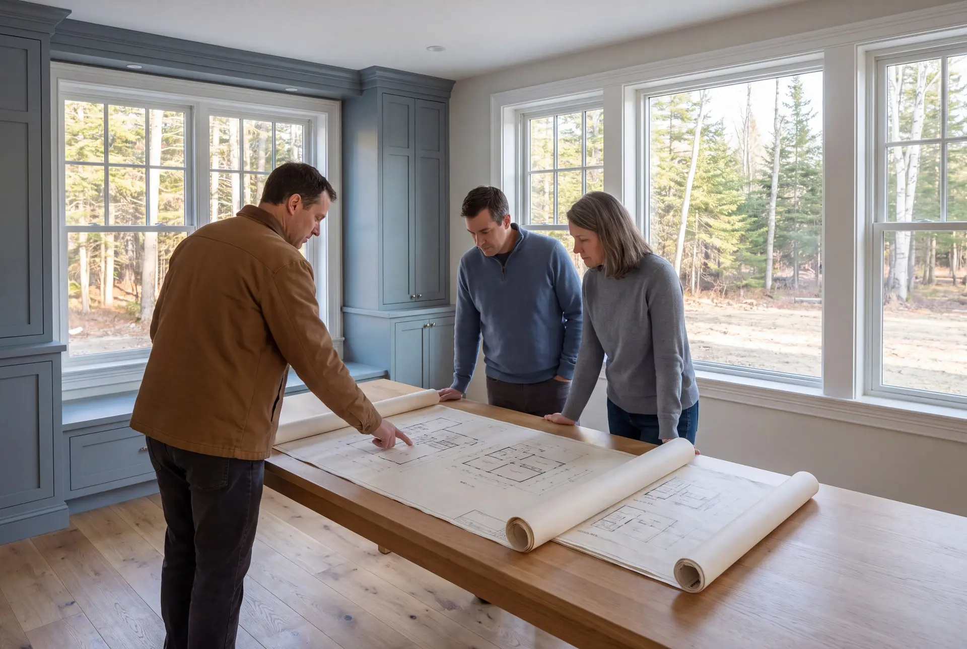 Illustration: Three people, a builder and two homeowners, reviewing architectural drawings on a table in a finished living room with blue-gray cabinets and oak floors