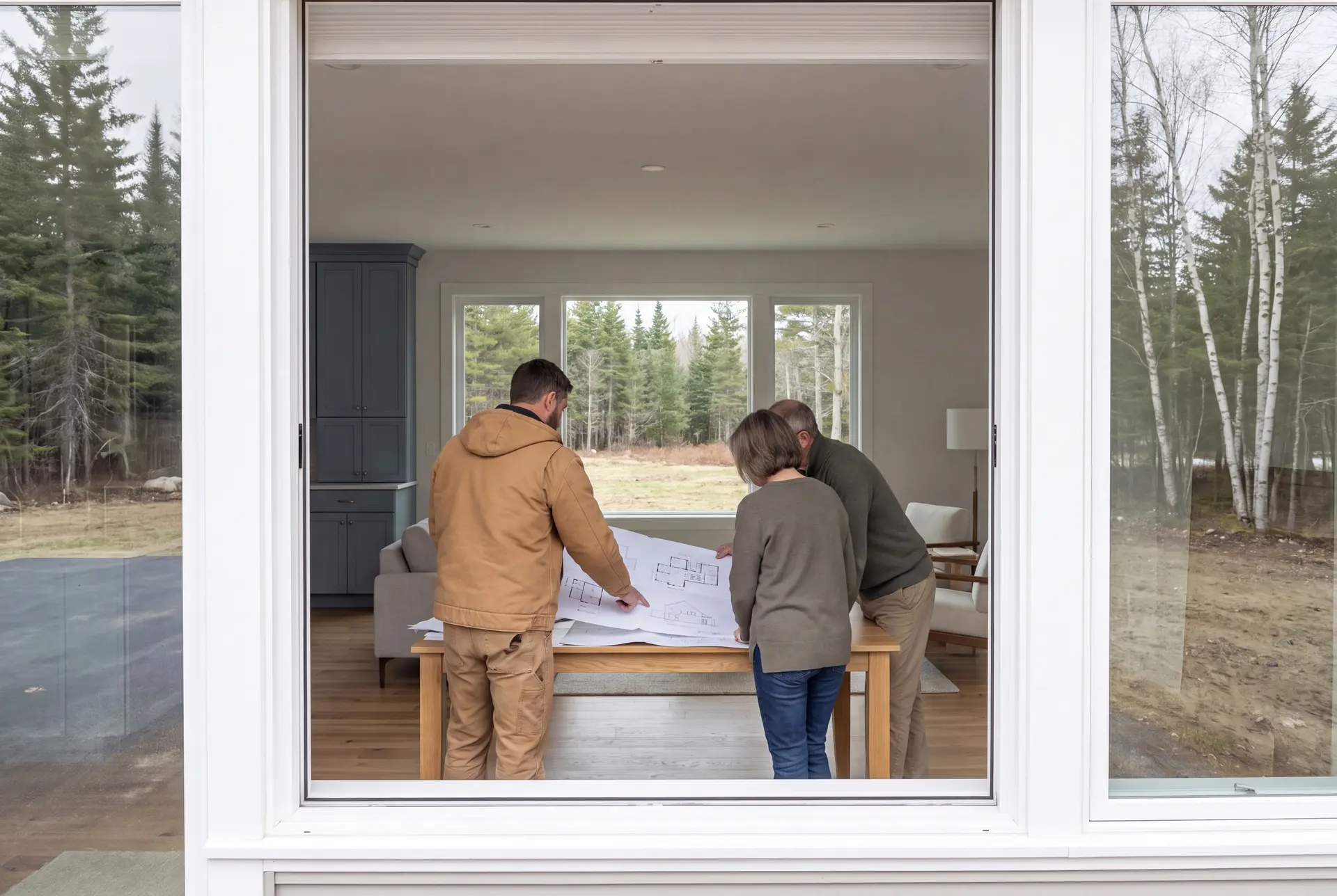 Illustration: Three people, a builder and two homeowners, review architectural drawings on a table in a finished living room with blue-gray cabinets and oak floors, looking out at a forest