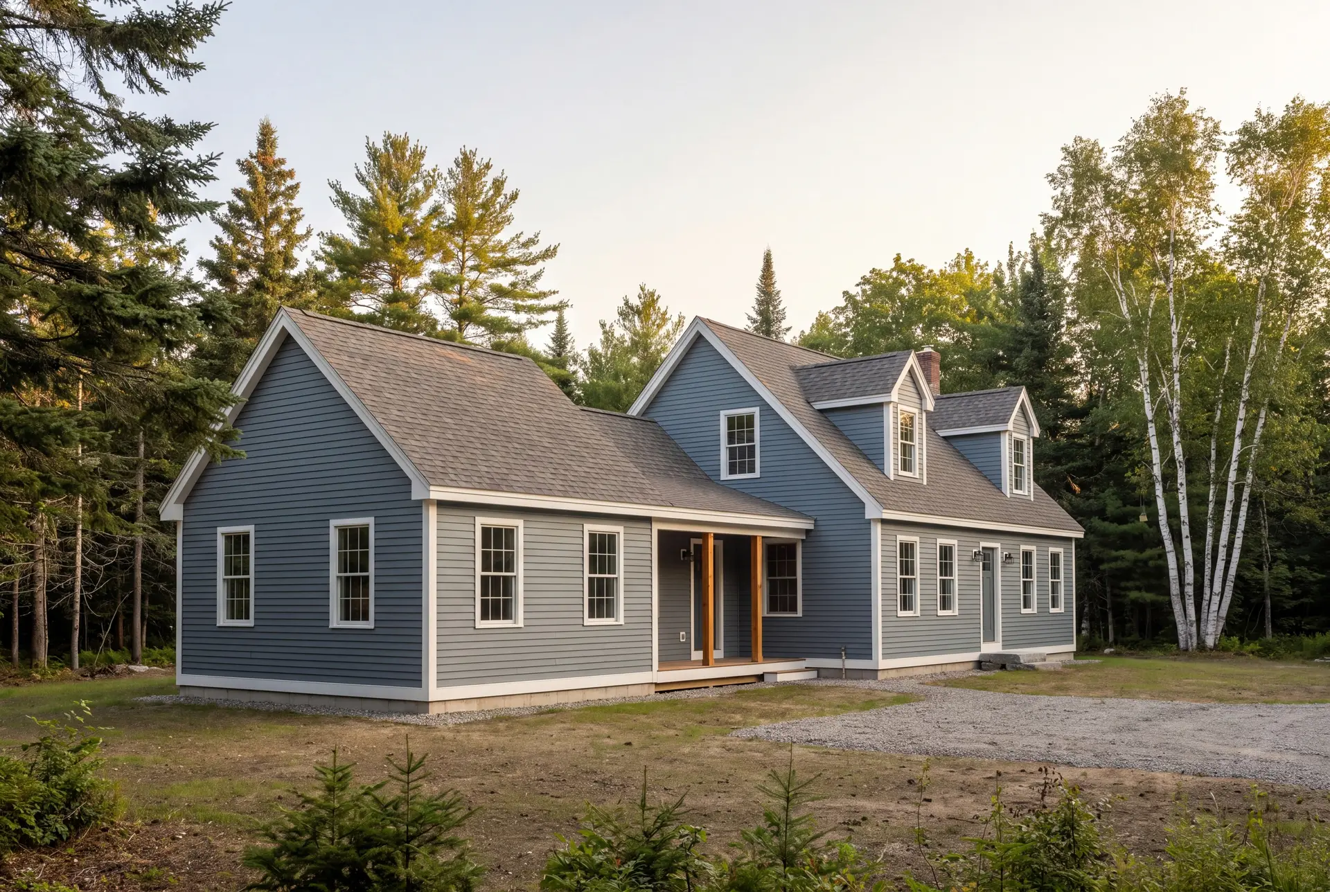 Illustration: A blue-gray house with a new addition, surrounded by trees and a gravel driveway