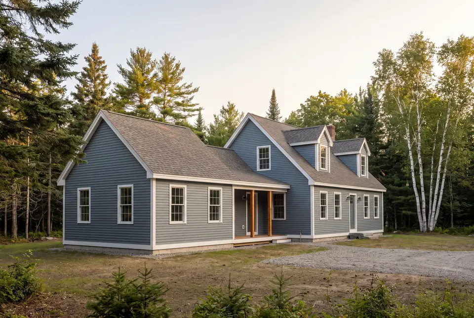 Illustration: A blue-gray house with a new addition, surrounded by trees and a gravel driveway
