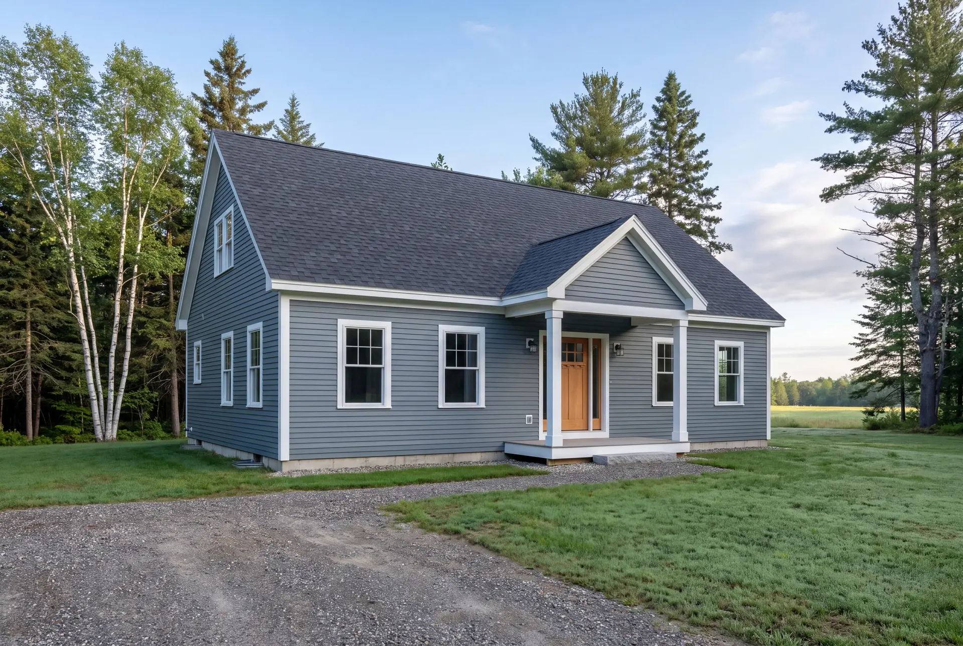 Illustration: A newly built blue-gray house with a dark roof and a light wood front door, surrounded by grass and trees under a clear sky