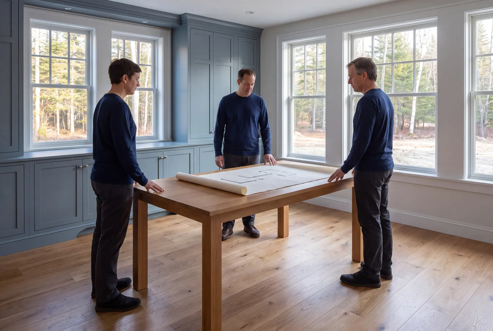 Illustration: Three people, two men and one woman, stand around a wooden table with a rolled-up architectural drawing in a room with blue-gray cabinets and large windows