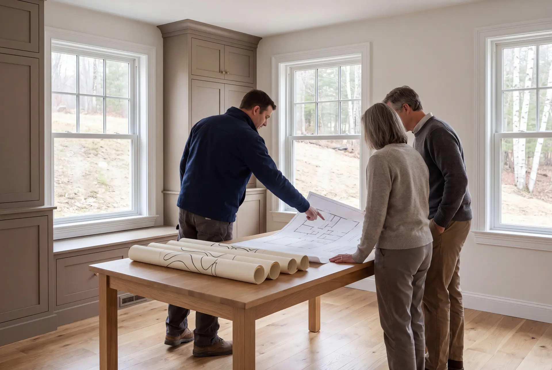 Illustration: Three people, a builder and two homeowners, review architectural drawings on a table in a finished living room with oak floors and taupe cabinetry