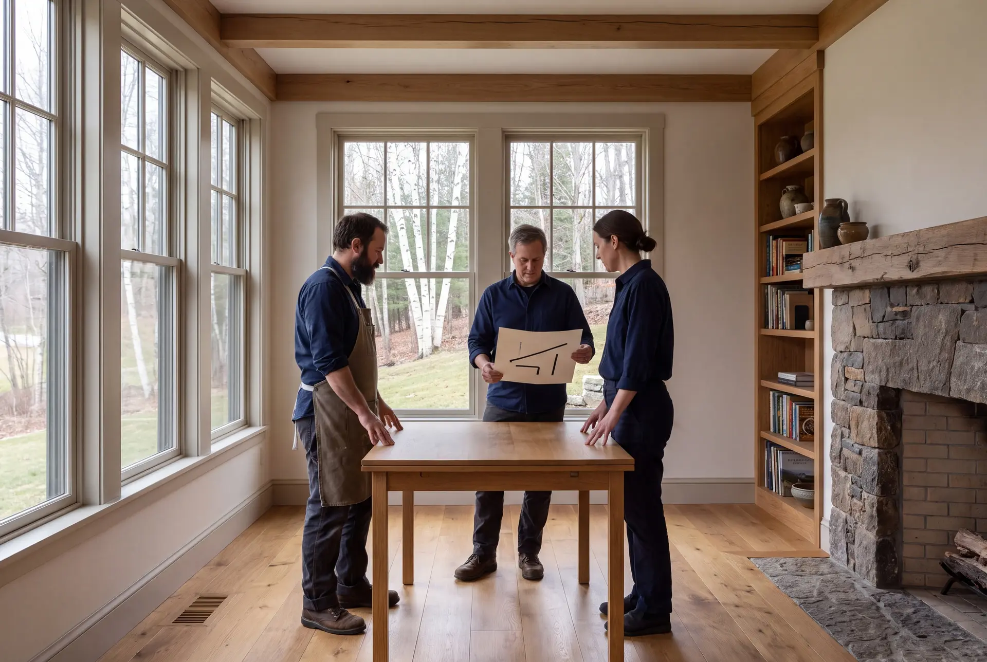 Illustration: Three people, two men and one woman, stand around a wooden table in a well-lit living room with large windows and a stone fireplace, looking at a document