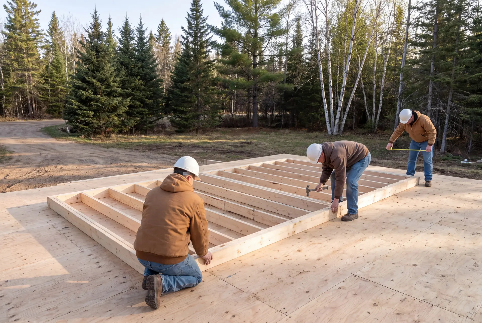 Illustration: Three carpenters in hard hats and work clothes assemble a wooden wall frame on a plywood subfloor outdoors, surrounded by trees