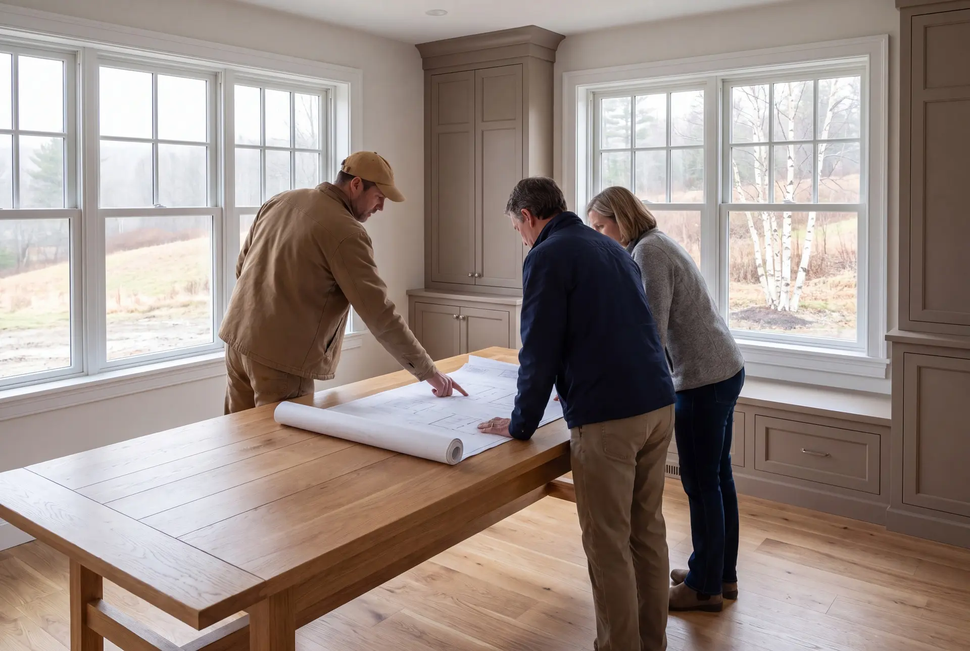 Illustration: Three people, a builder and two homeowners, reviewing blueprints on an oak table in a finished living room with large windows and taupe cabinetry