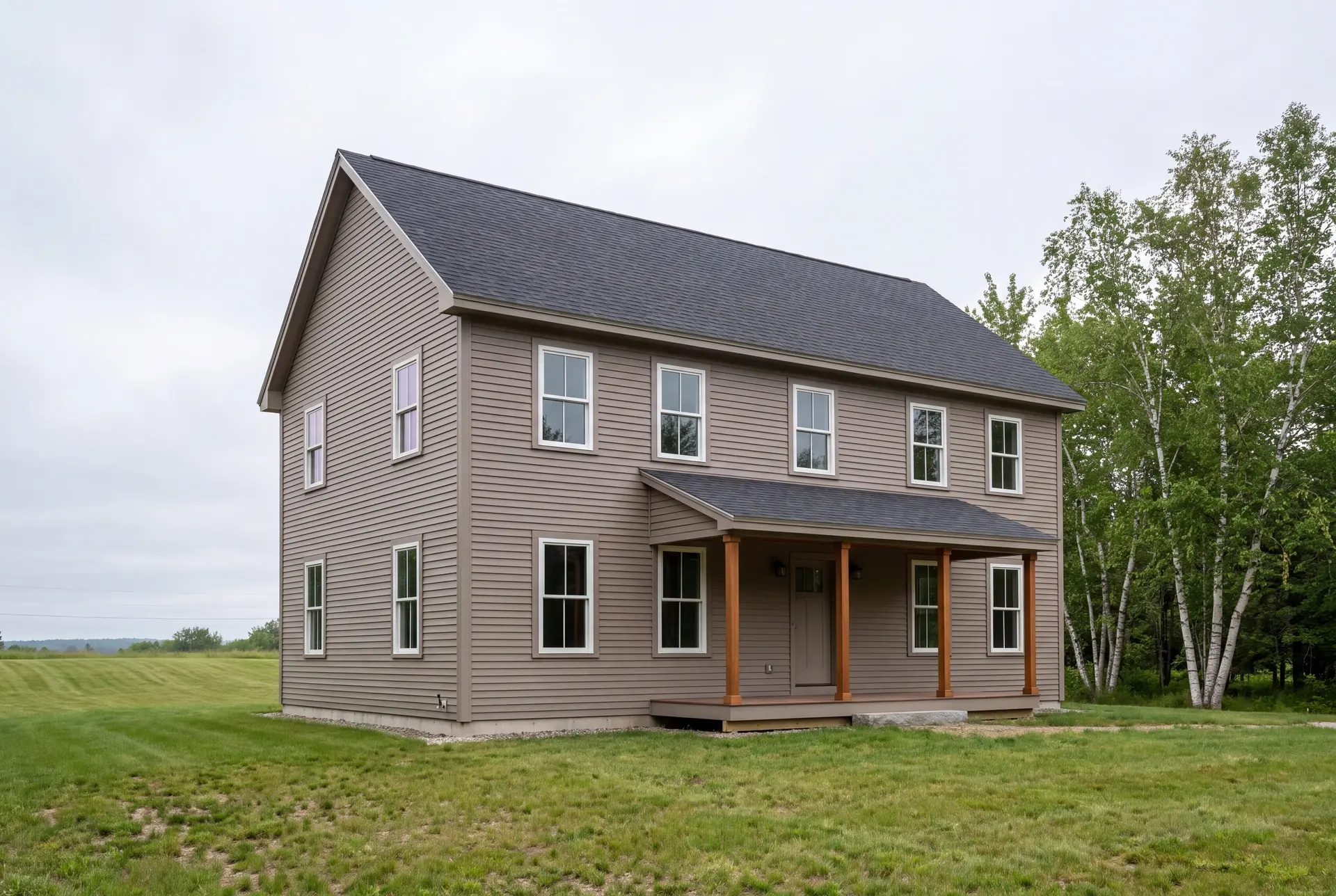 Illustration: A newly built two-story farmhouse with taupe siding, a dark gray roof, and a covered front porch, set in a grassy field under an overcast sky