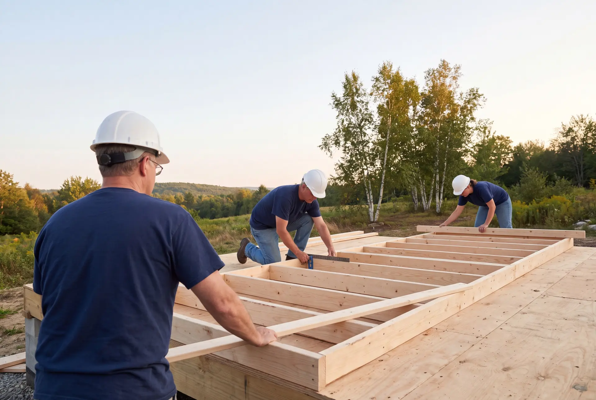 Illustration: Three construction workers in hard hats and navy shirts assemble a wooden wall frame on a plywood floor platform outdoors