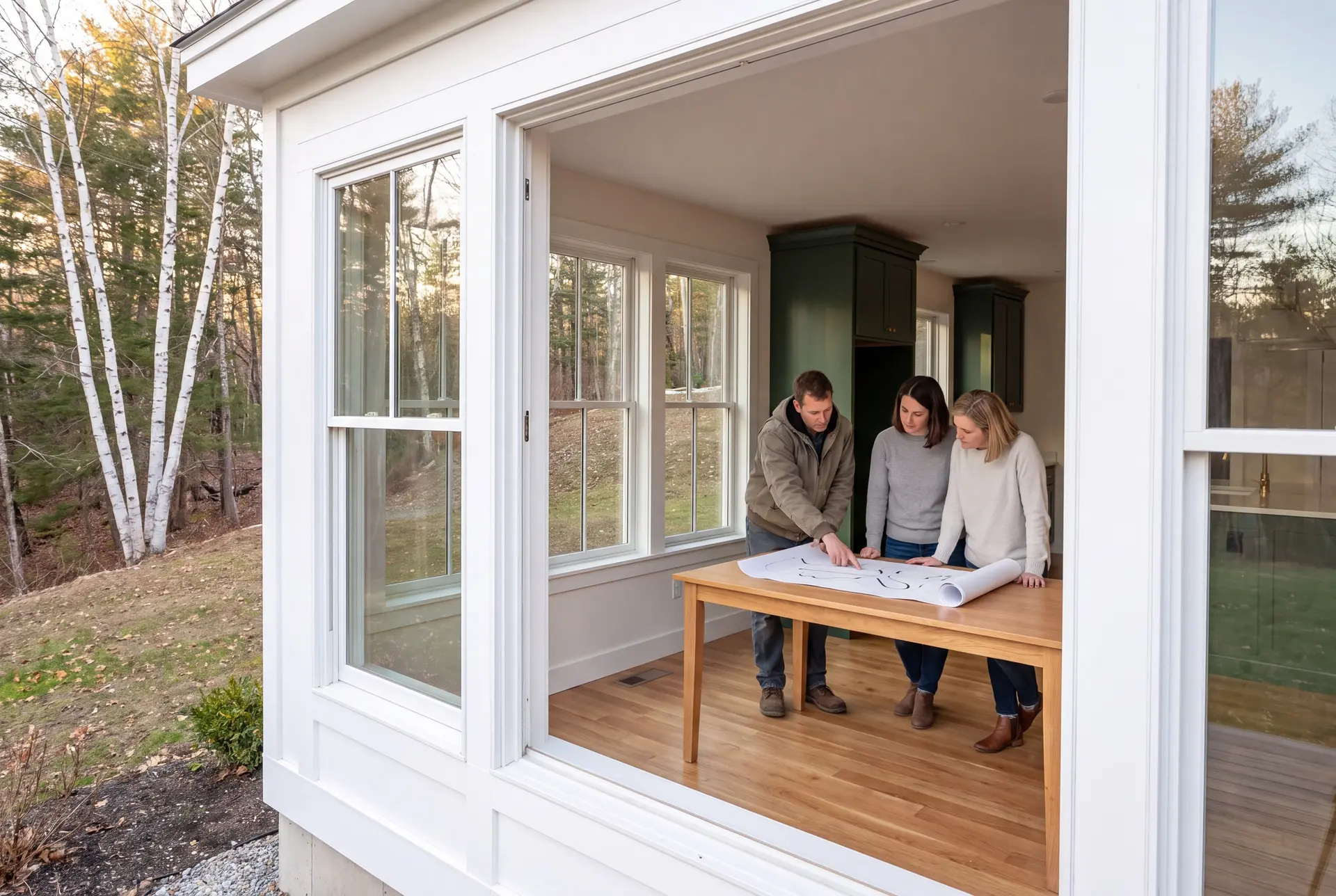 Illustration: Three adults, a man and two women, reviewing a floor plan on an oak table in a finished living room with green cabinetry and oak floors, looking out onto a wooded landscape