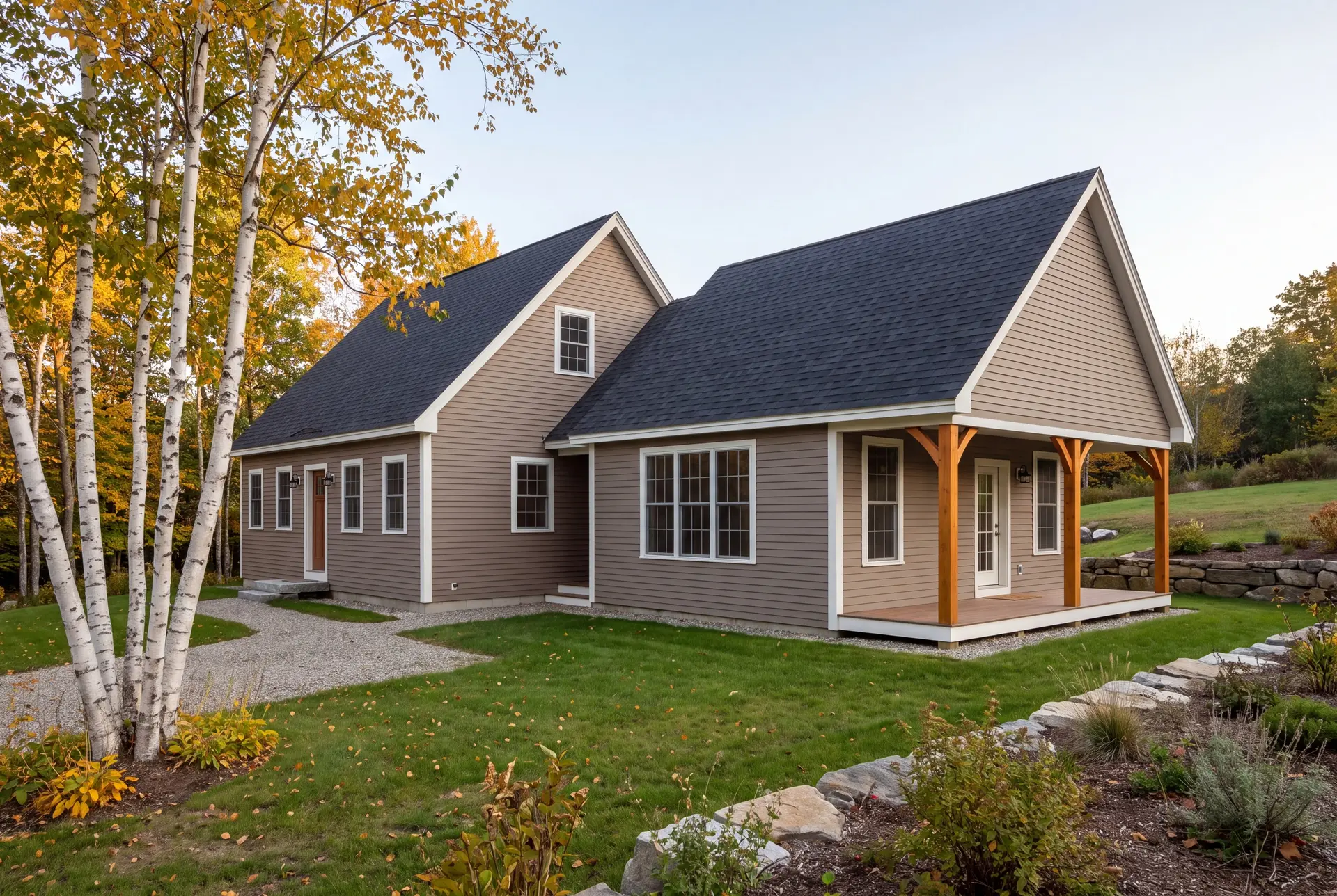 Illustration: A taupe clapboard house with a new single-story addition and covered porch, surrounded by a lawn and autumn trees